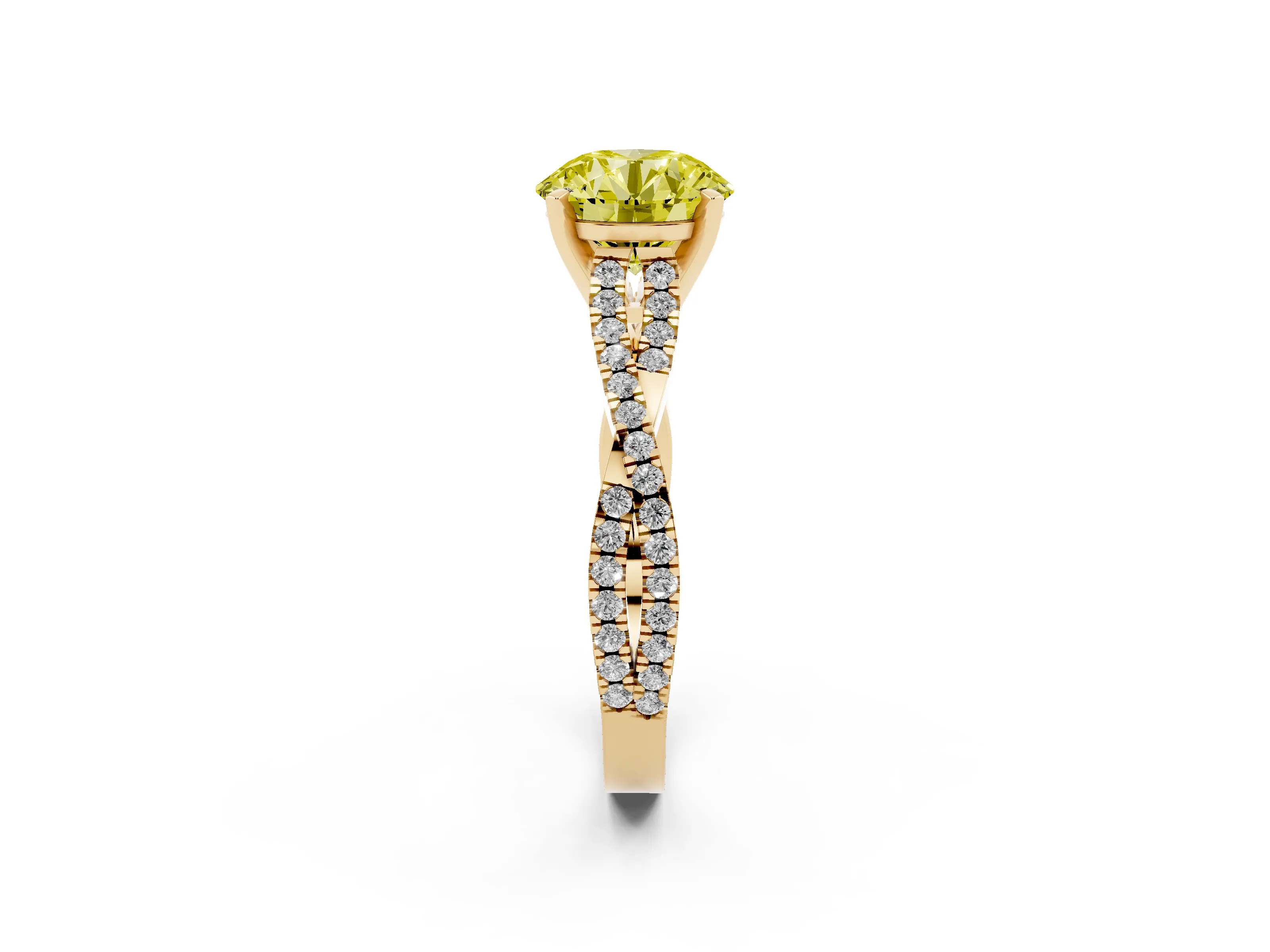 Fancy Yellow Round Cut Diamond Solitaire Engagement Ring Set in Yellow gold with Twisted Pavé Band and Prong Setting