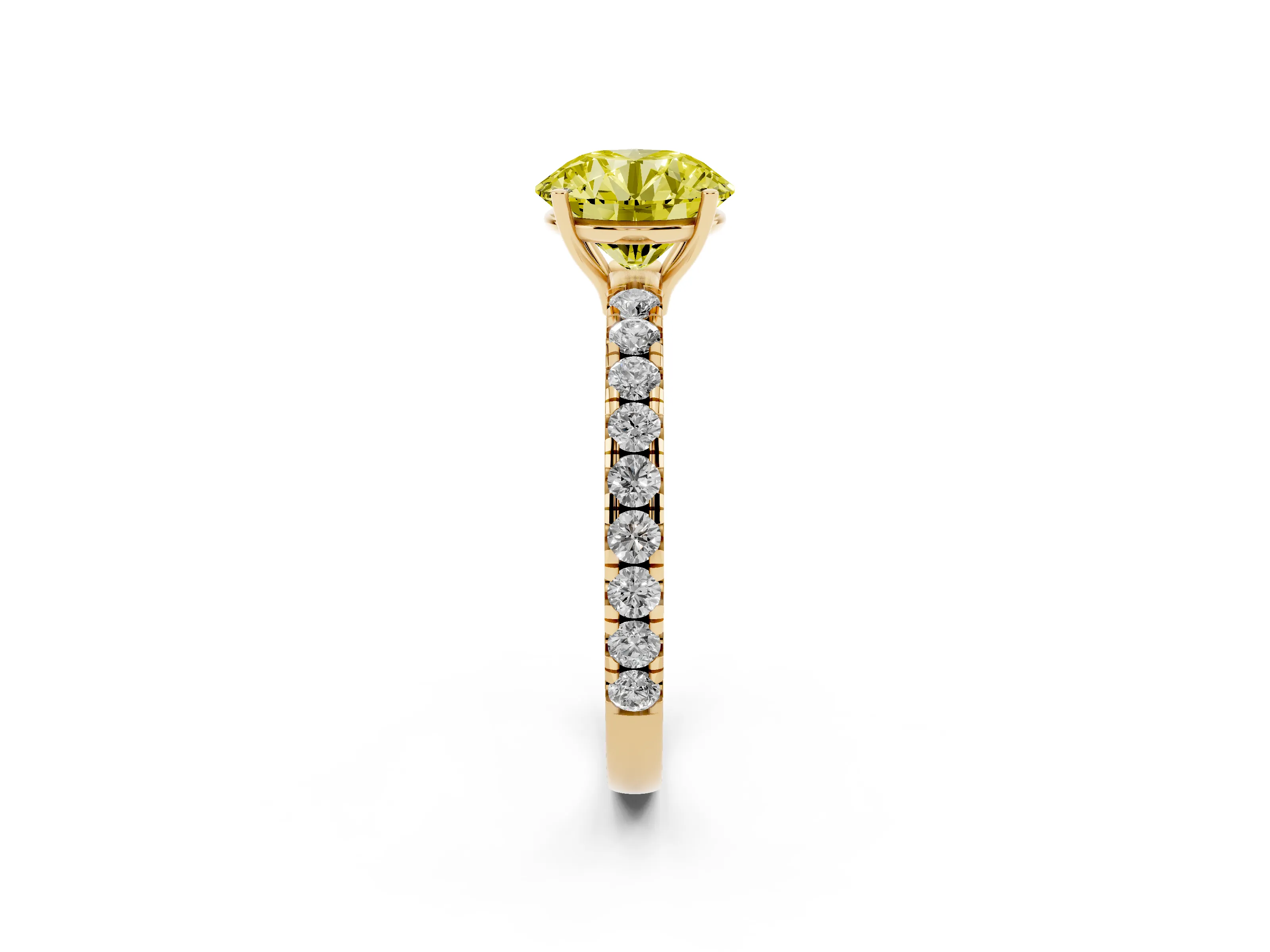 Fancy Yellow Round Cut Diamond Pavé Solitaire Engagement Ring Set in Yellow gold with Prong Setting