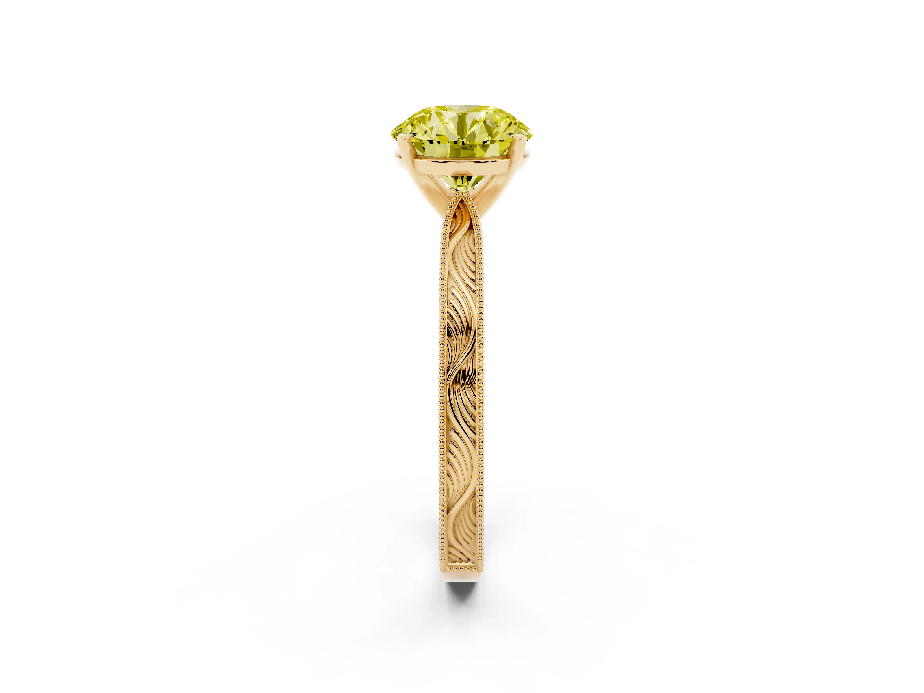 Fancy Yellow Round Cut Diamond Solitaire Milgrain Engraved Band Set in Yellow gold with Prong Setting