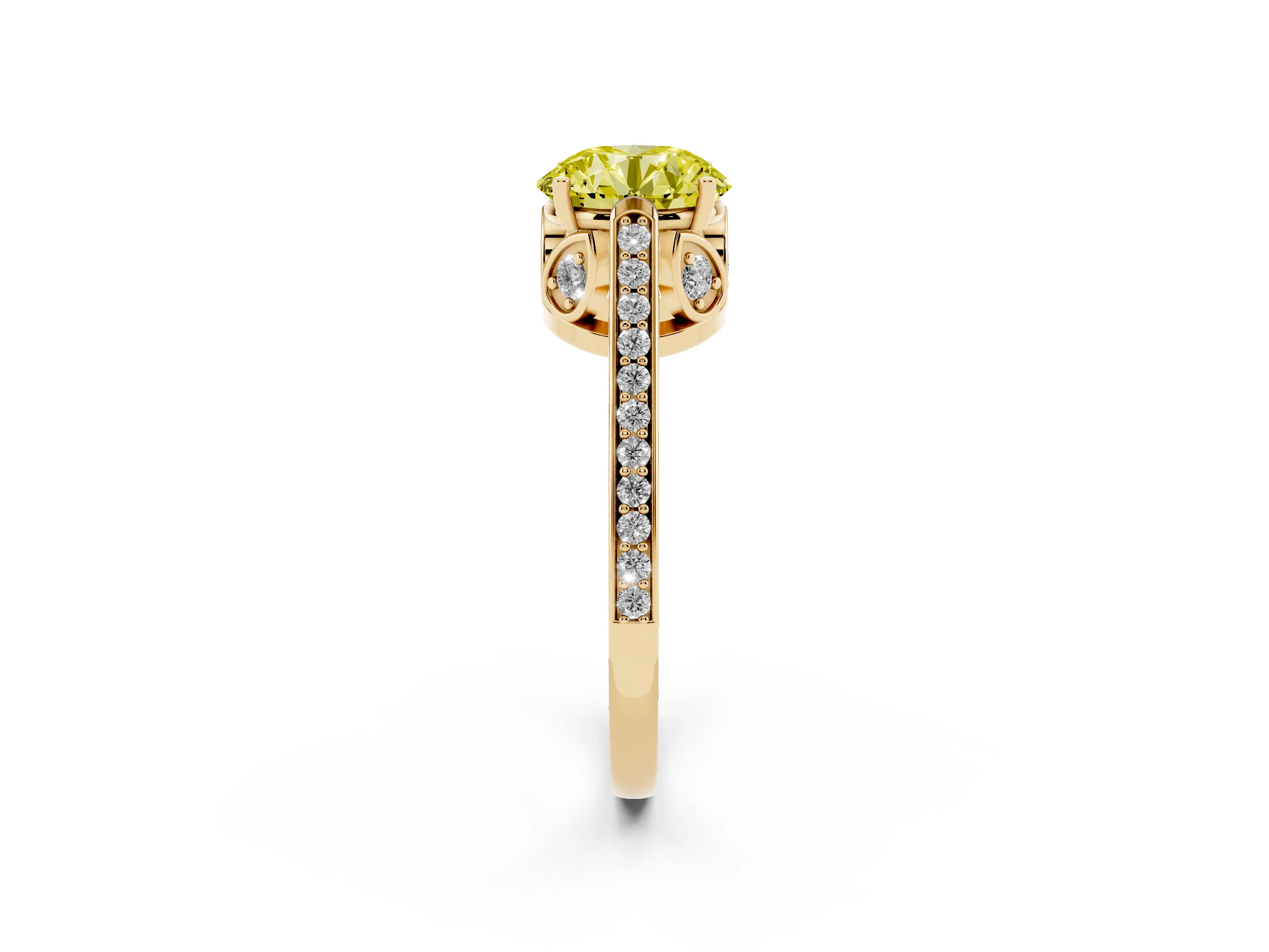 Fancy Yellow Round Cut Diamond Cathedral Pavé Engagement Ring Set in Yellow gold with Prong Setting