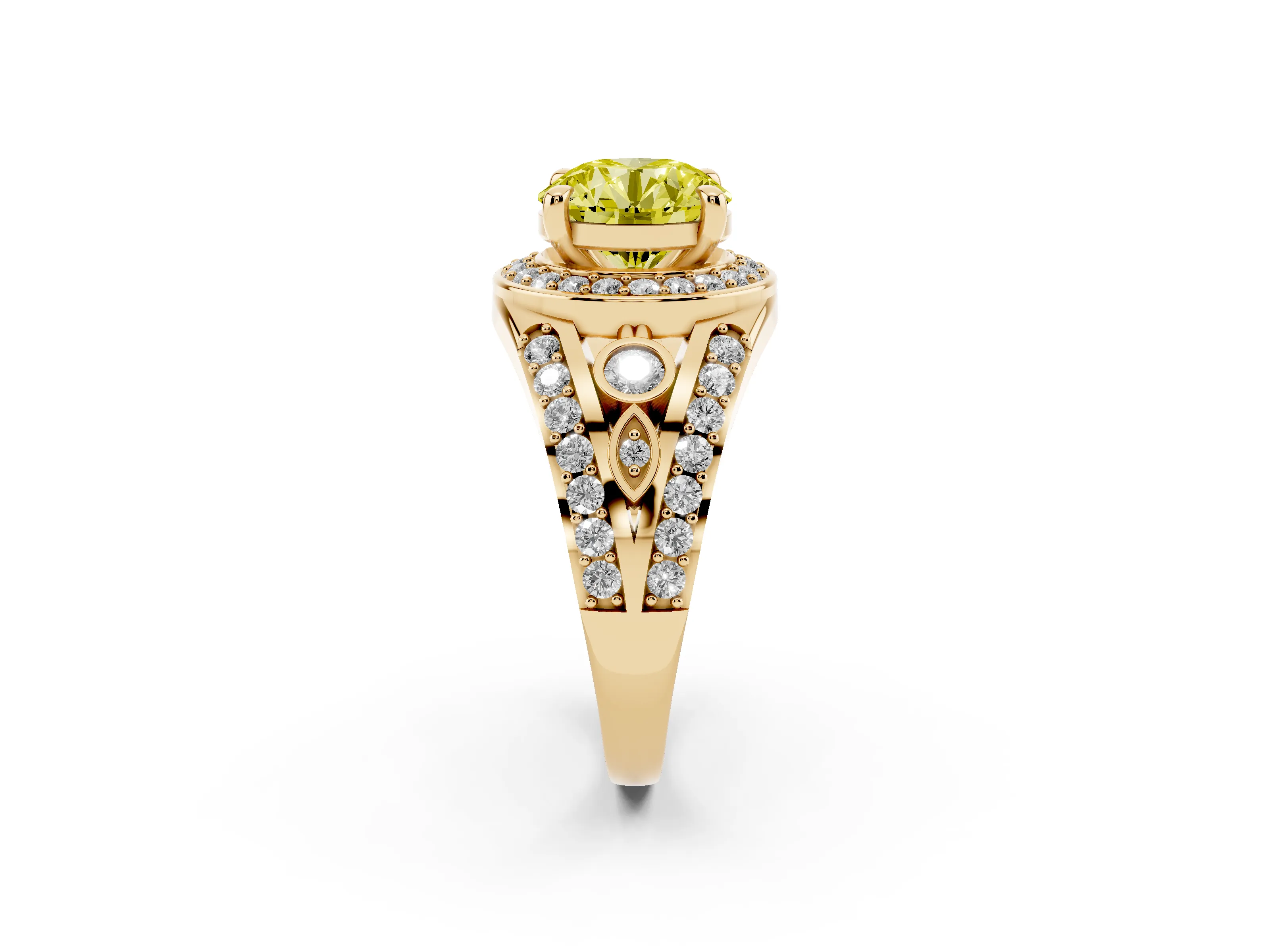 Fancy Yellow Round Cut Diamond Halo Ring Set in Yellow gold with Pavé Split Shank and Bezel Accents