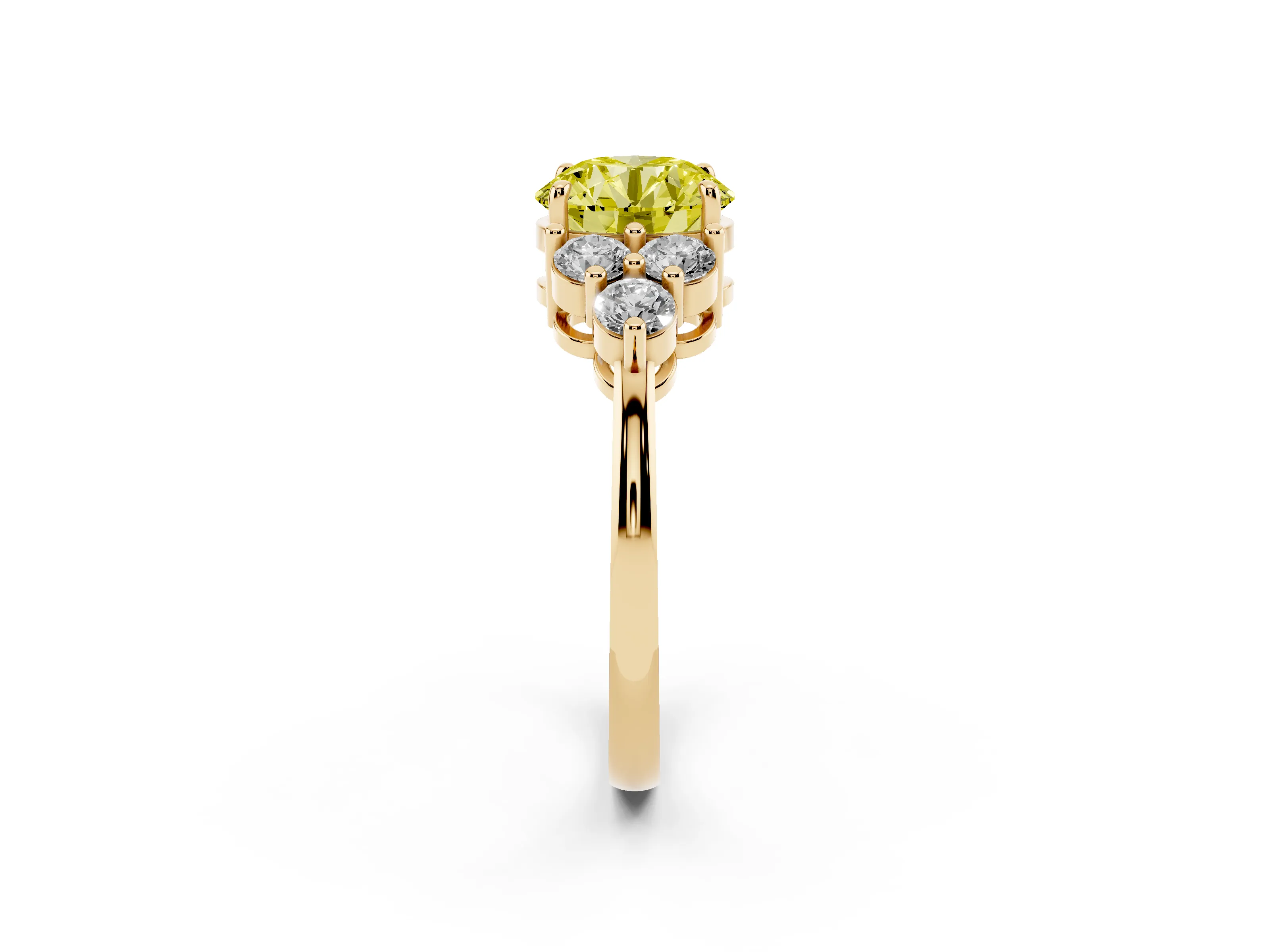 Fancy Yellow Round Cut Diamond Solitaire Ring Set in Yellow gold with Cluster Accents on Each Side