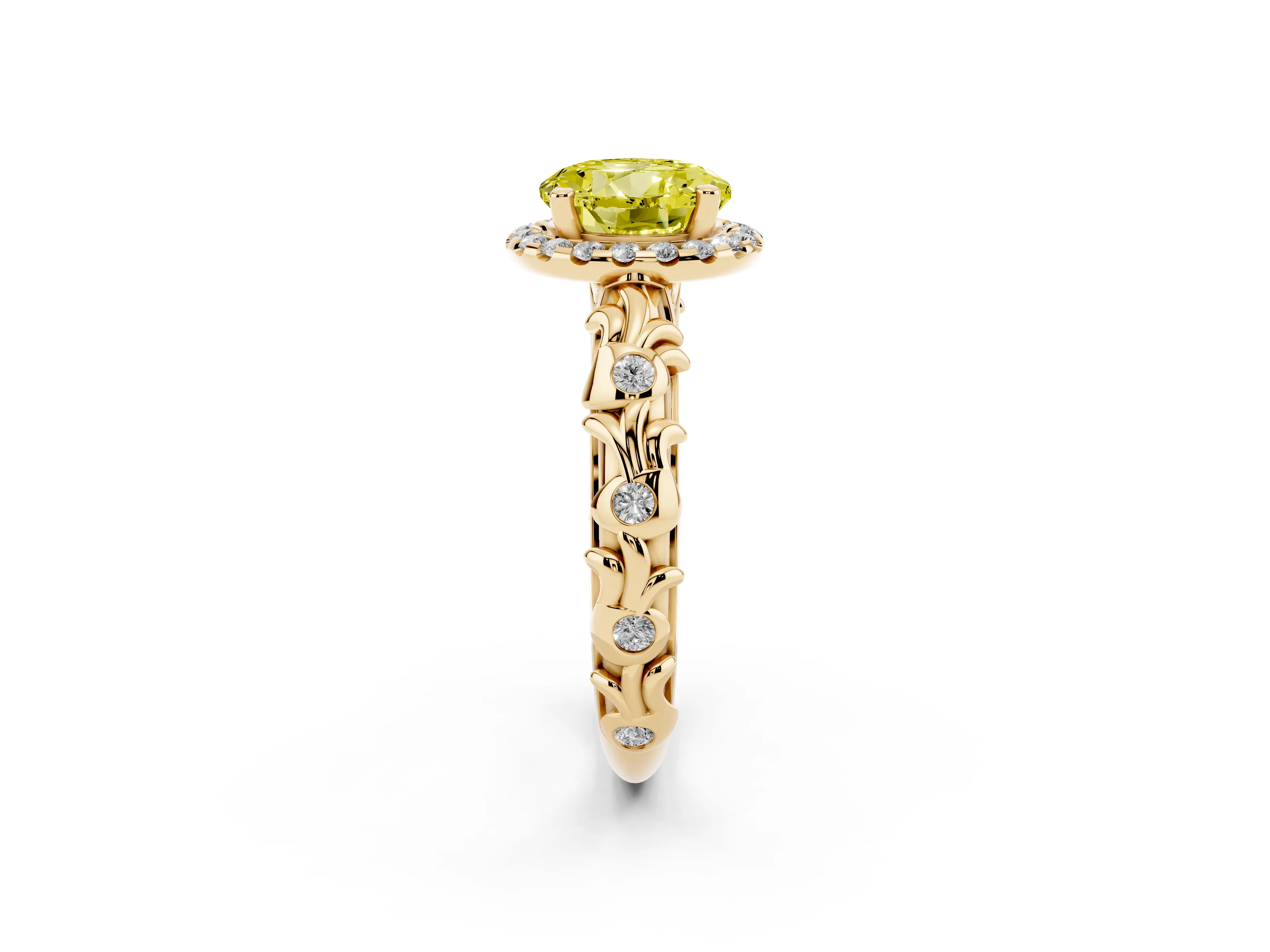Fancy Yellow Round Cut Diamond Halo Ring Set in Yellow gold with Filigree Leaf Band and Prong Setting