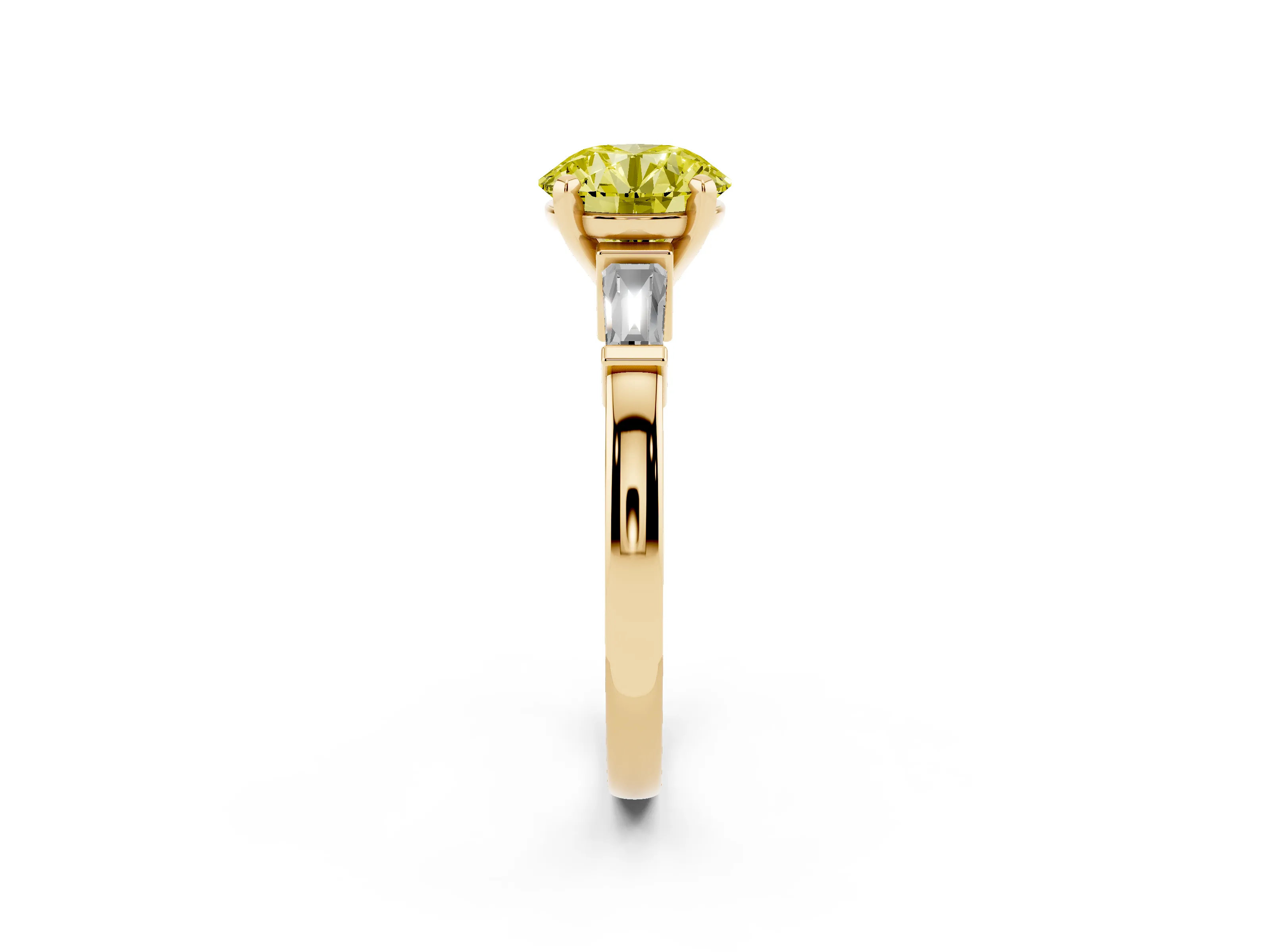 Fancy Yellow Round Cut Diamond Solitaire Ring Set in Yellow gold with Tapered Baguette Accents and Prong Setting