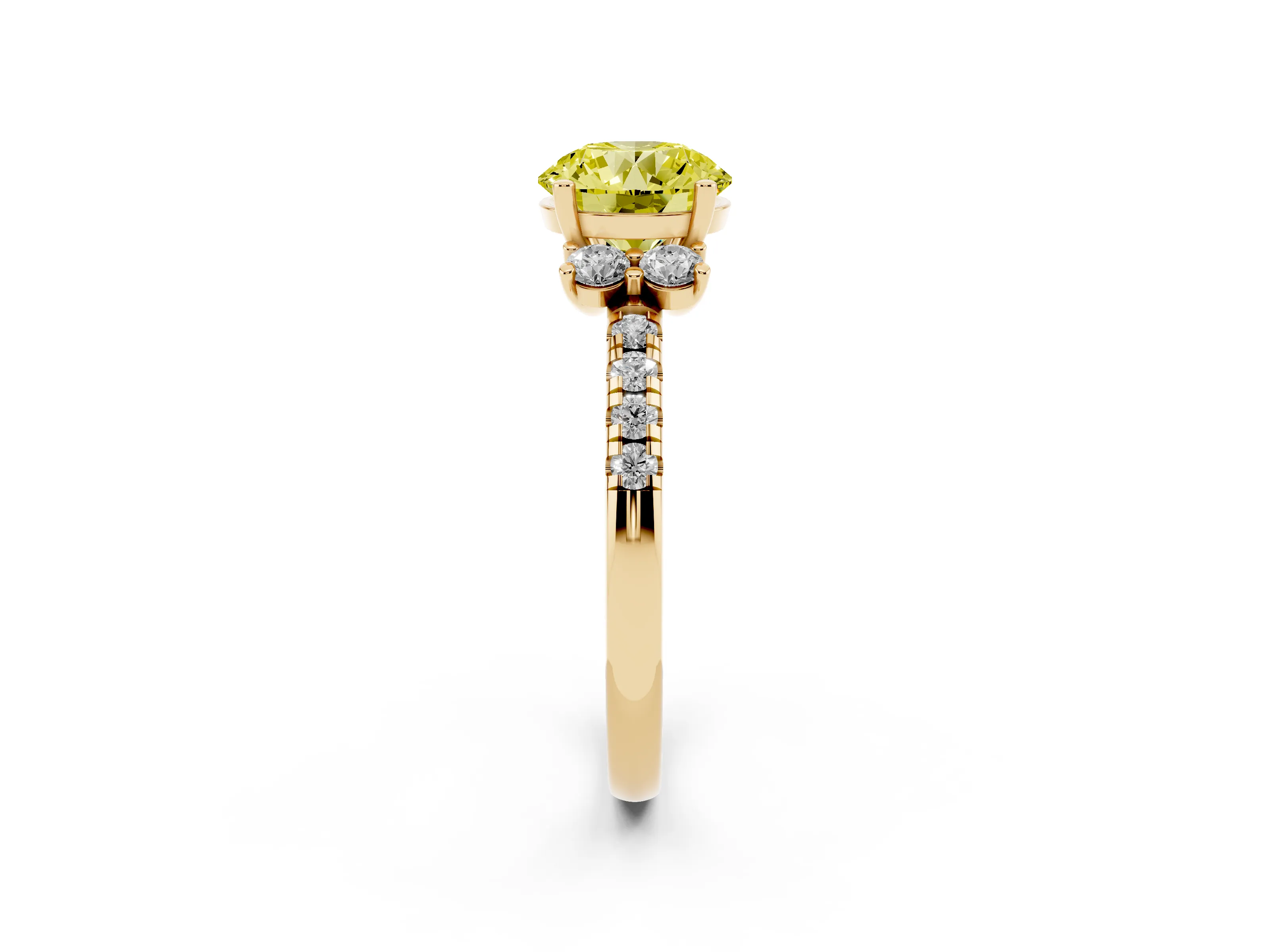 Fancy Yellow Round Cut Diamond Three-Stone Pavé Ring Set in Yellow gold with Prong Setting