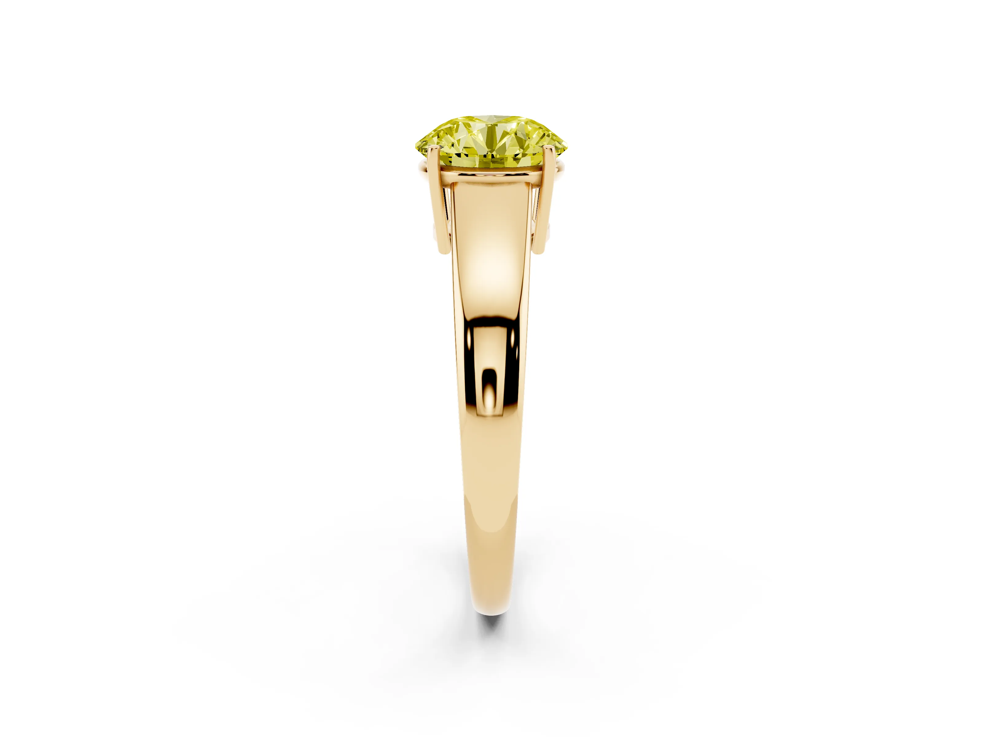 Fancy Yellow Round Cut Diamond Solitaire Ring Set in Yellow gold with Tapered Band and Prong Setting