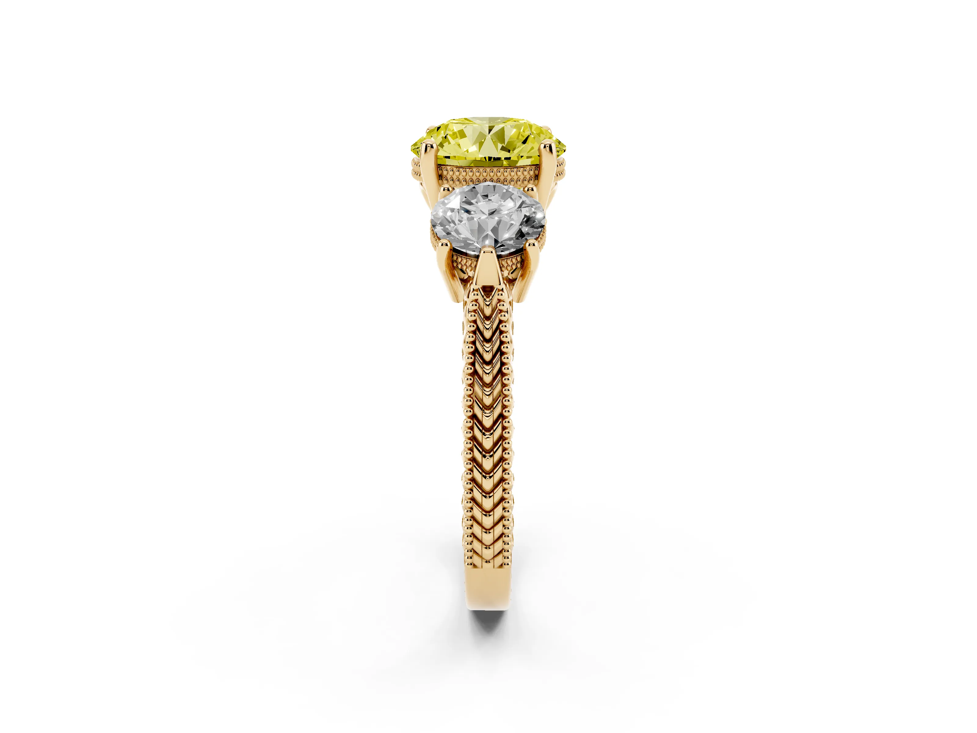 Fancy Yellow Round Cut Diamond Three-Stone Ring Set in Yellow gold with Milgrain Band