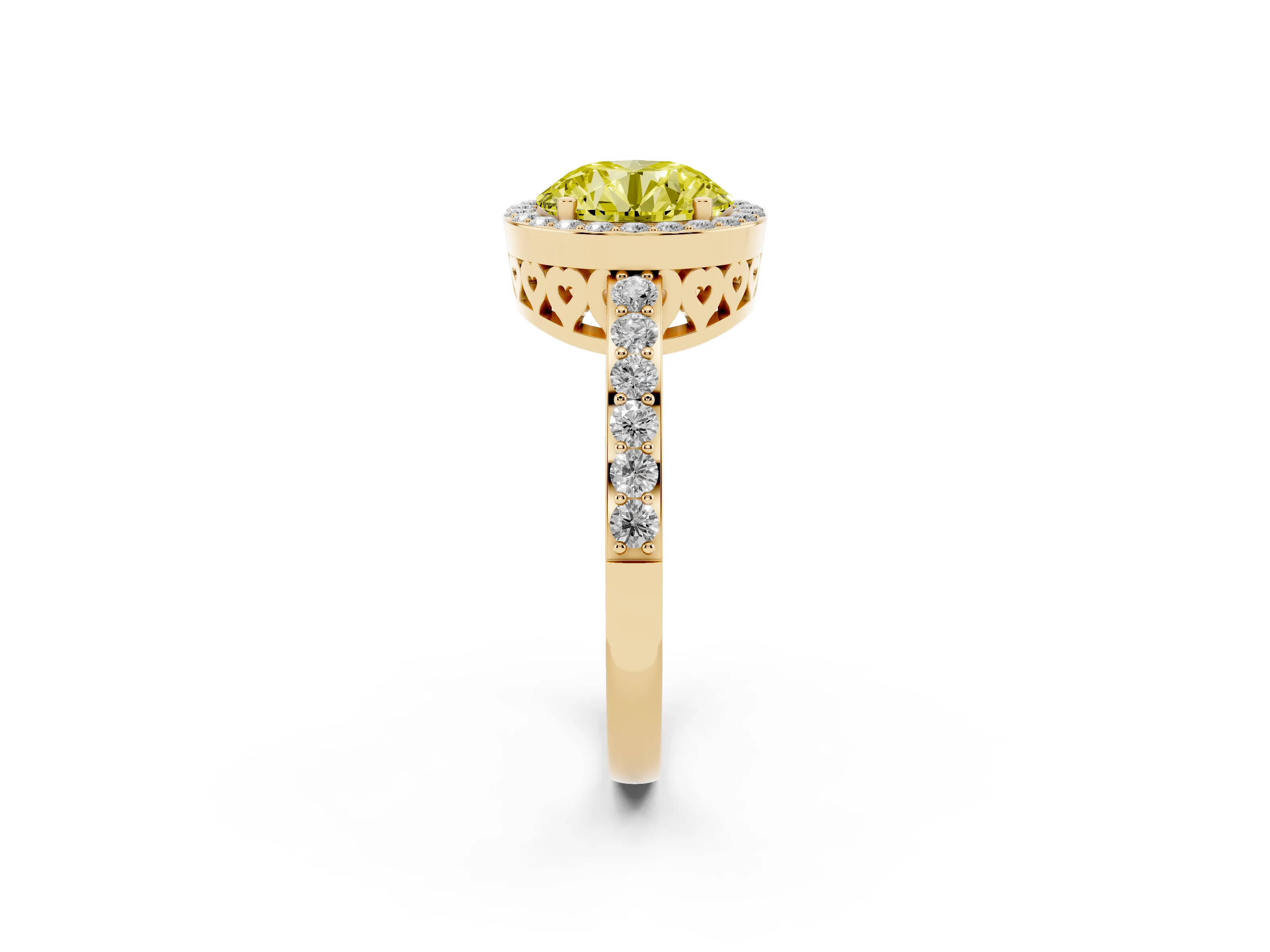 Fancy Yellow Round Cut Diamond Halo Ring Set in Yellow gold with Pavé-Setting Band and Open Prong Center