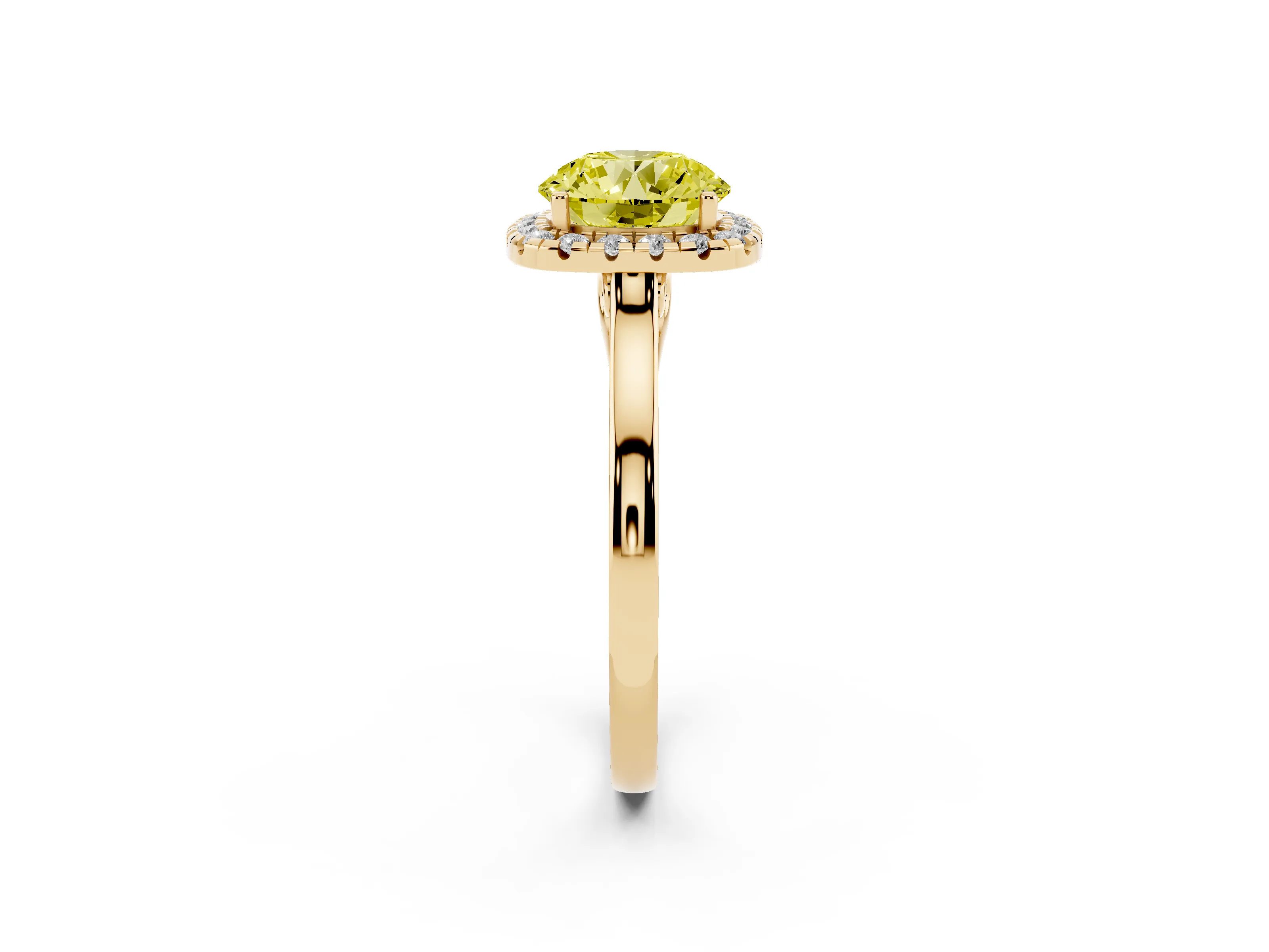 Fancy Yellow Round Cut Halo Round Diamond Solitaire Ring Set in Yellow gold with Pavé Band and Prong Setting