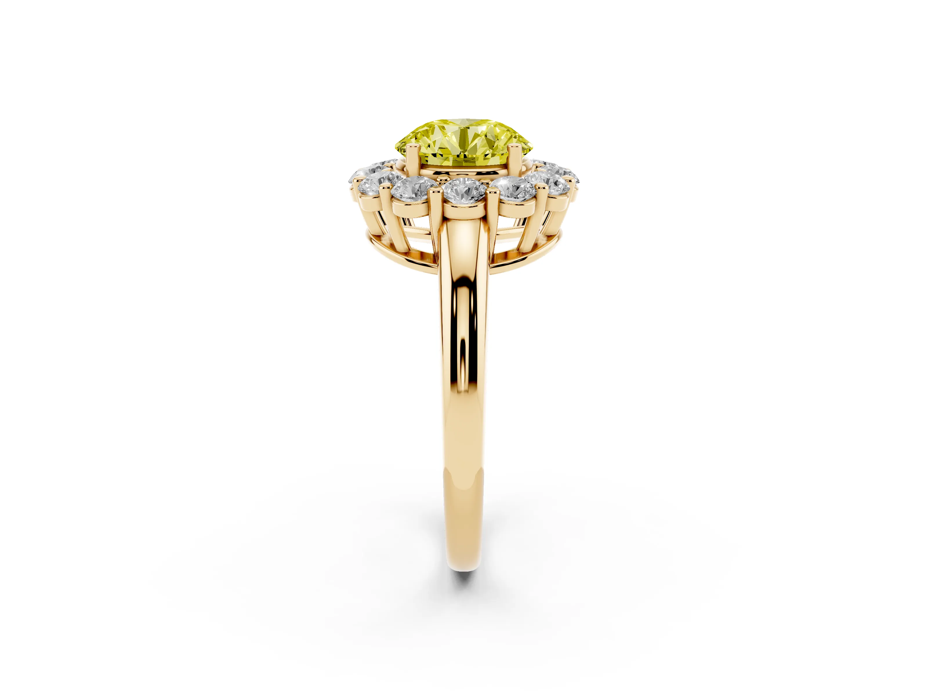 Fancy Yellow Round Cut Diamond Halo Cluster Engagement Ring Set in Yellow gold with Polished Band and Prong Setting