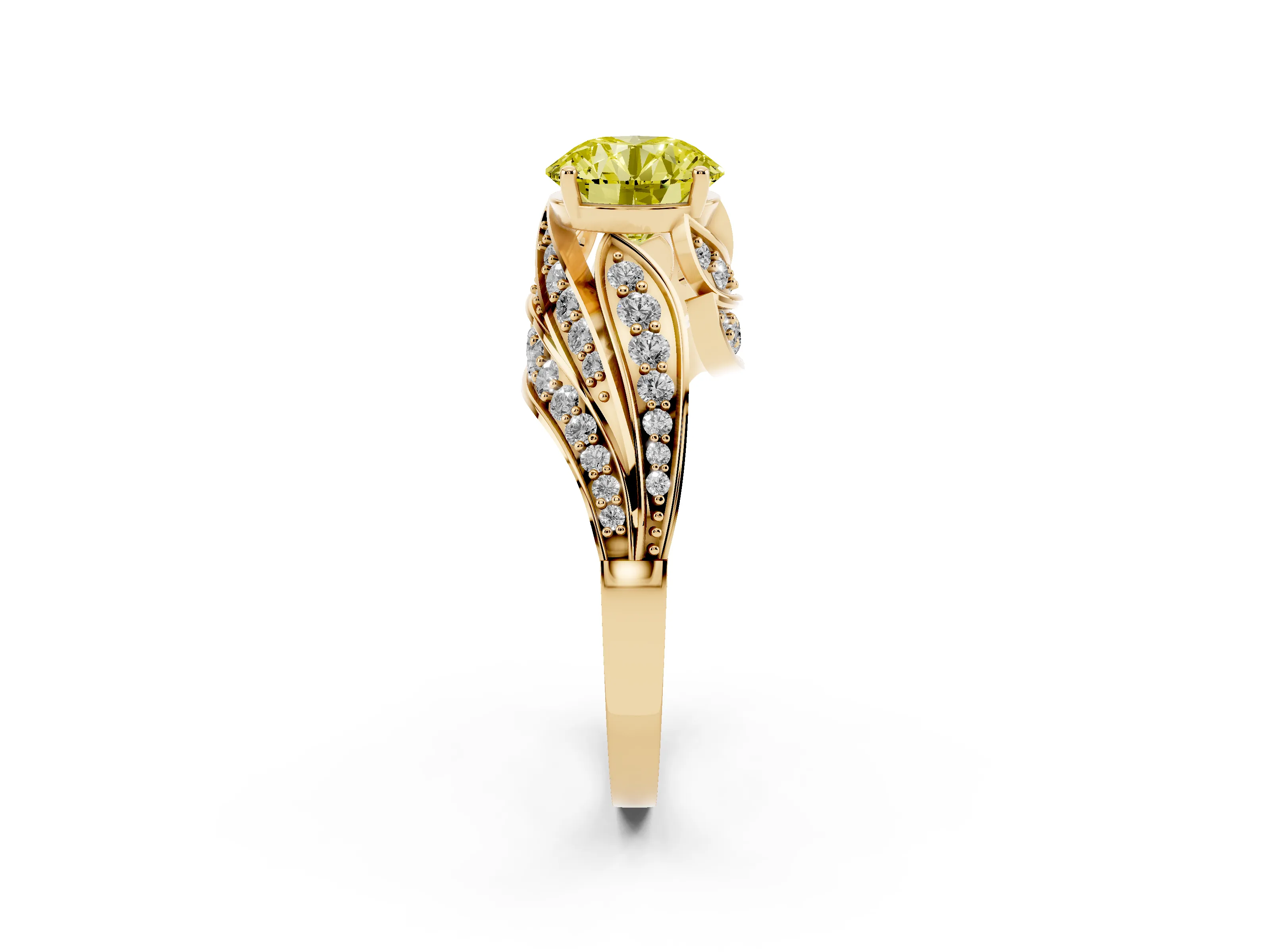 Fancy Yellow Round Cut Diamond Solitaire Ring Set in Yellow gold with Layered Twist Pavé Band