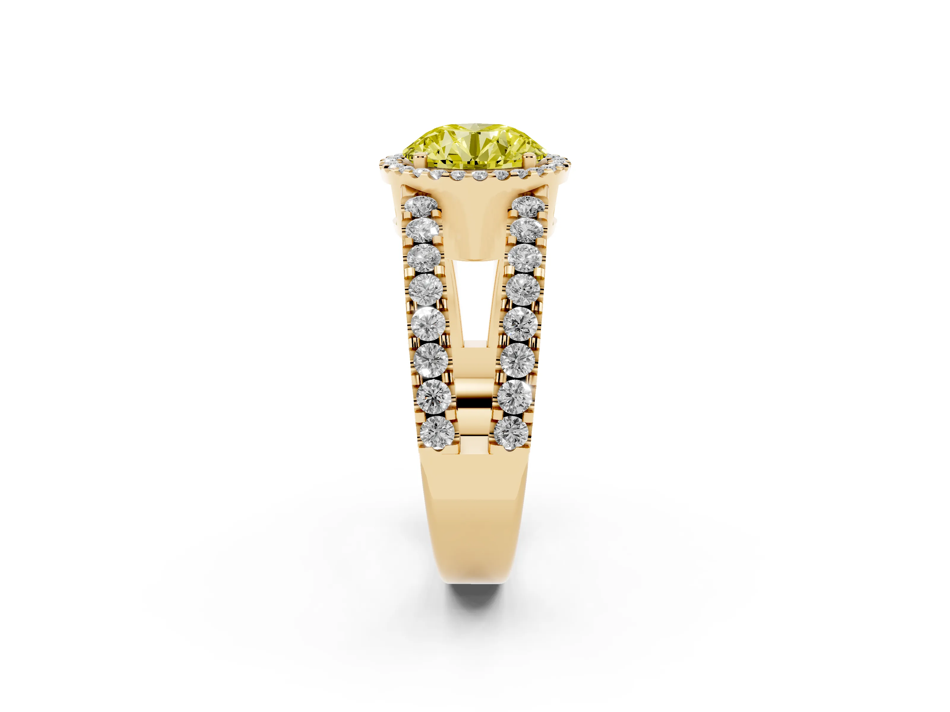Fancy Yellow Round Cut Diamond Halo Ring Set in Yellow gold with Pavé Split Shank and Prong Setting