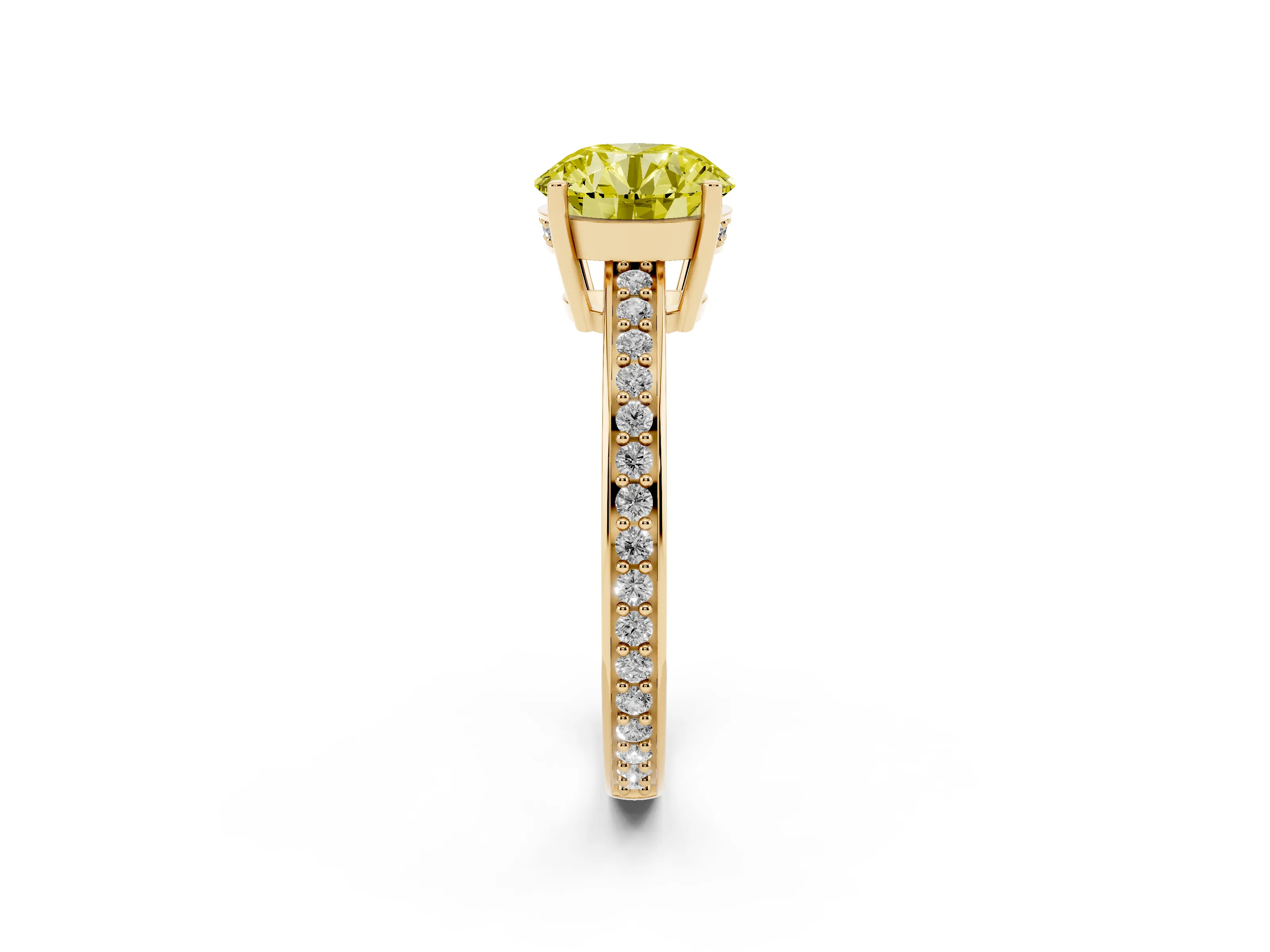 Fancy Yellow Round Cut Diamond Pavé Band Prong Set Solitaire Ring Set in Yellow gold