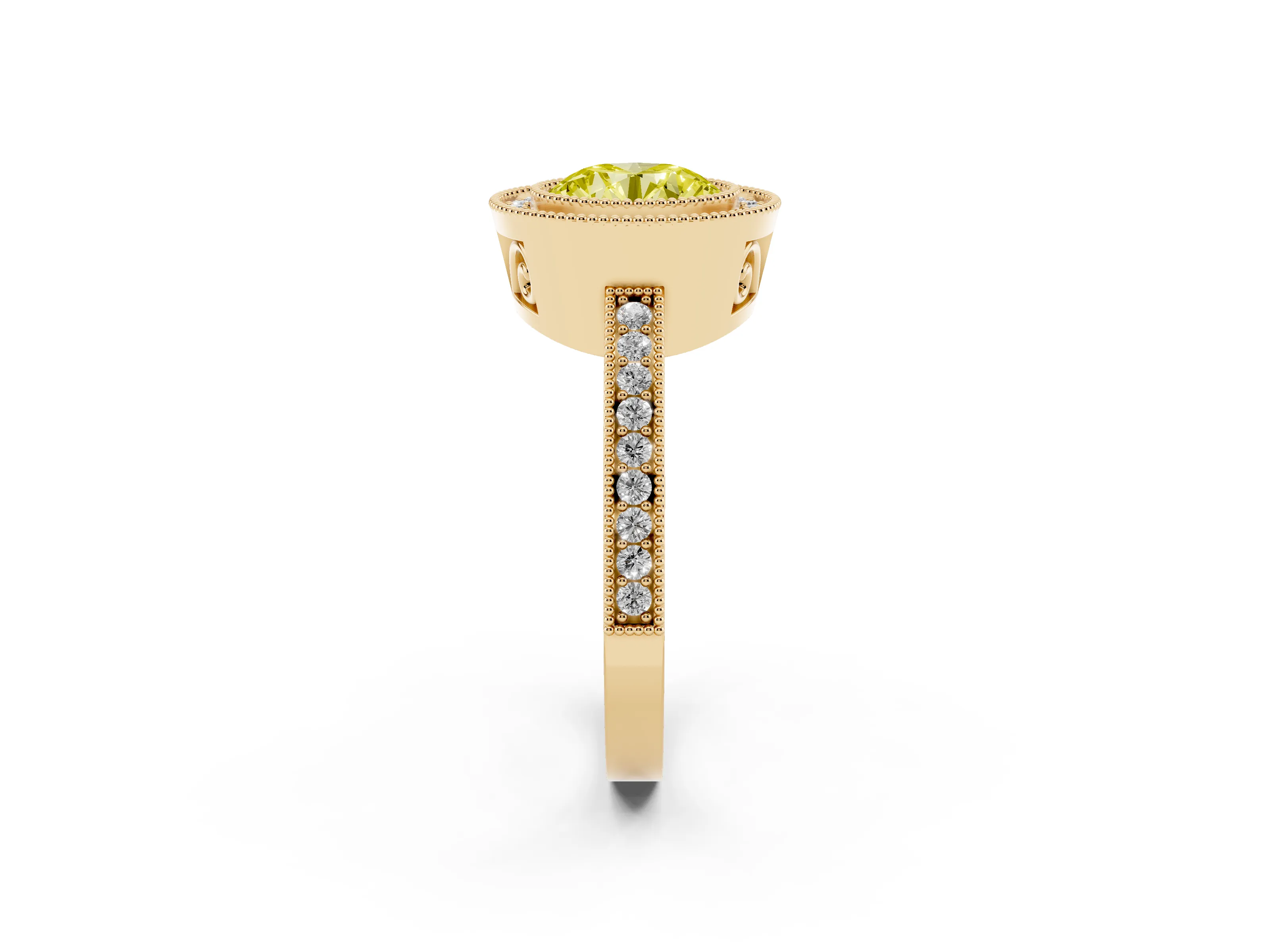 Fancy Yellow Round Cut Diamond Round Halo Ring Set in Yellow gold with Pavé Band