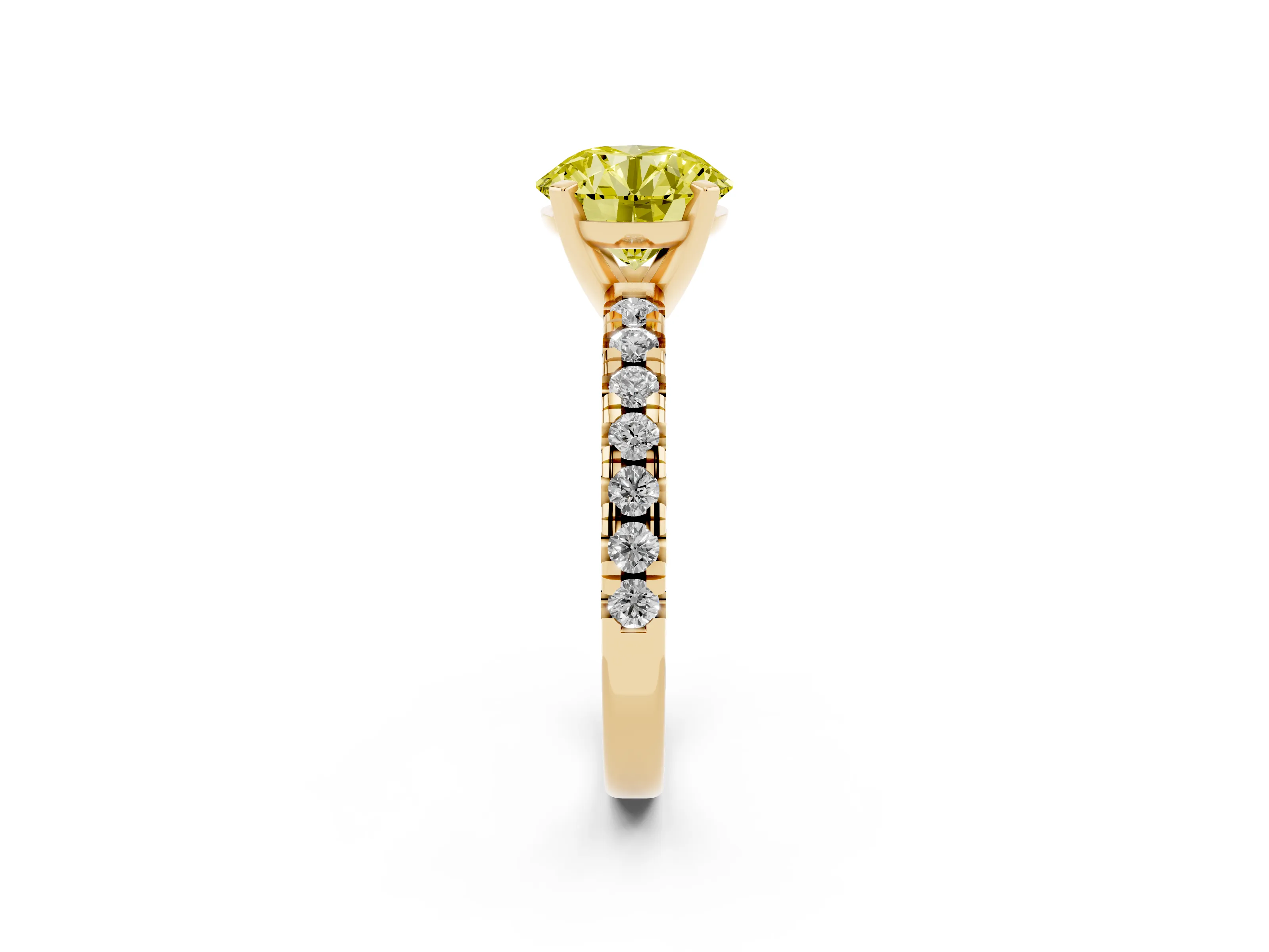 Fancy Yellow Round Cut Diamond Solitaire Pavé Engagement Ring Set in Yellow gold with Round Band and Prong Setting