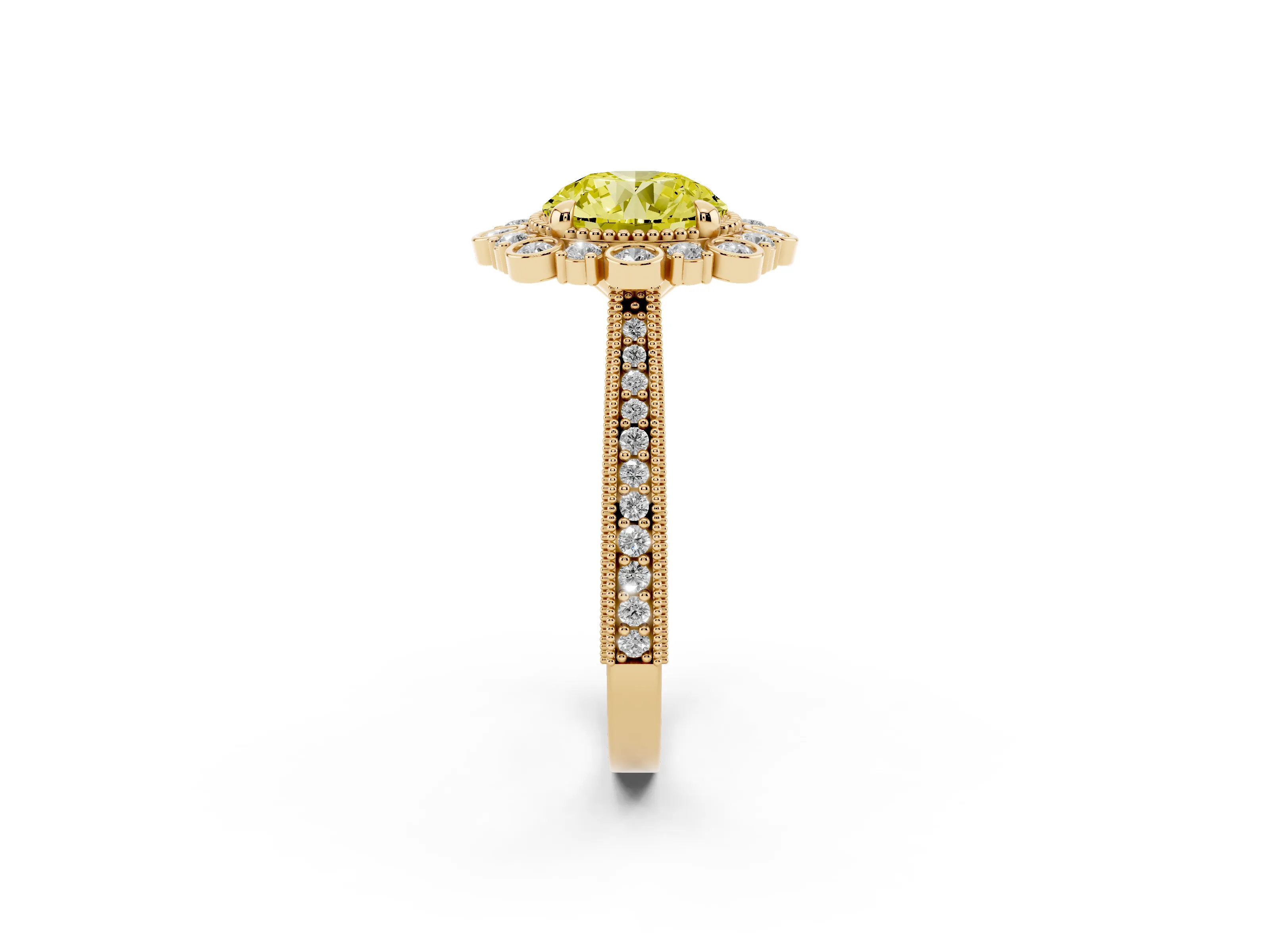 Fancy Yellow Round Cut Diamond Halo Milgrain Pavé Ring Set in Yellow gold with Prong Setting