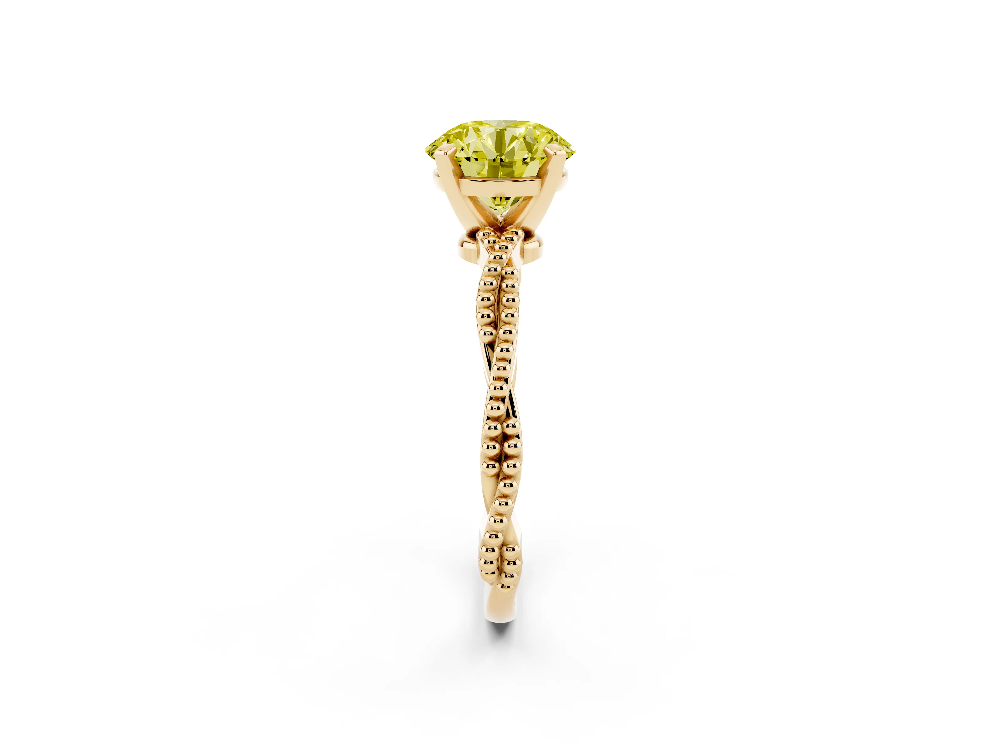 Fancy Yellow Round Cut Diamond Solitaire Ring Set in Yellow gold with Twisted Band and Bead Prong Setting