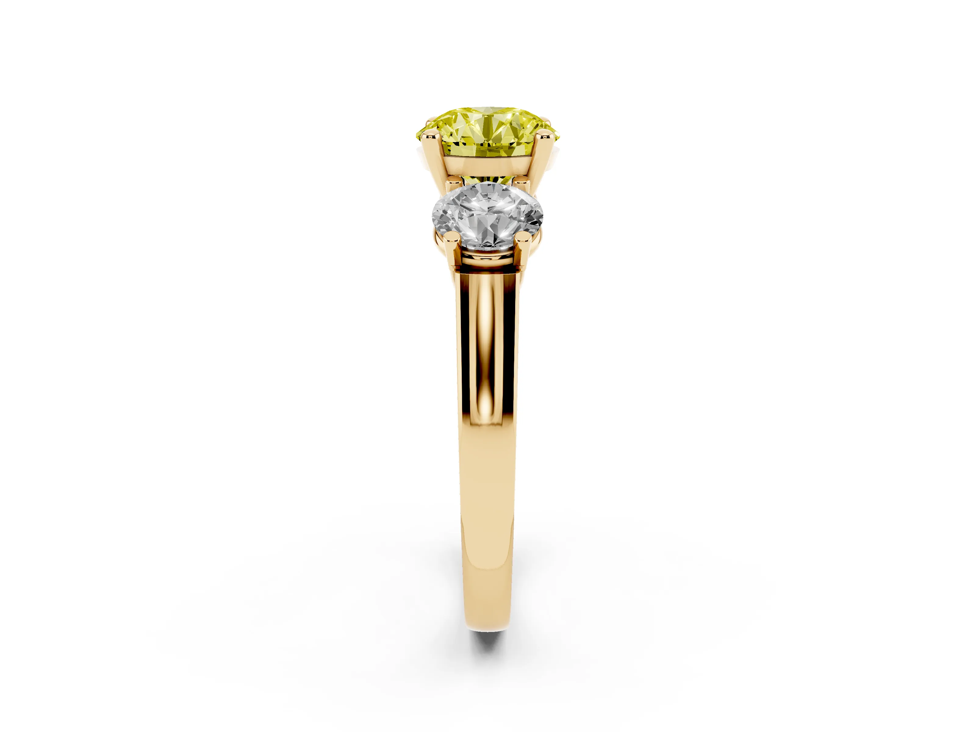 Fancy Yellow Round Cut Diamond Three-Stone Trellis Ring Set in Yellow gold with Comfort Fit Band
