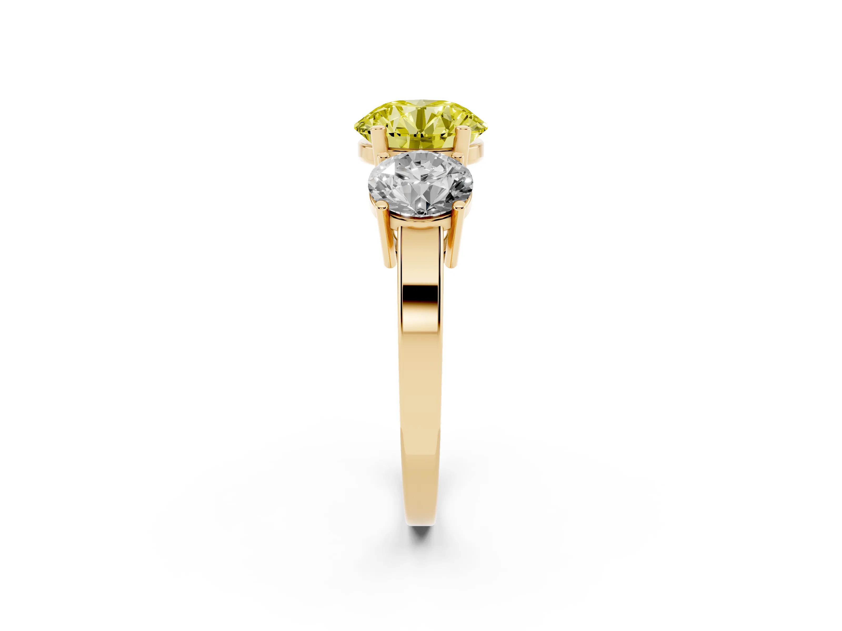 Fancy Yellow Round Cut Diamond Three-Stone Engagement Ring Set in Yellow gold with Flat Band