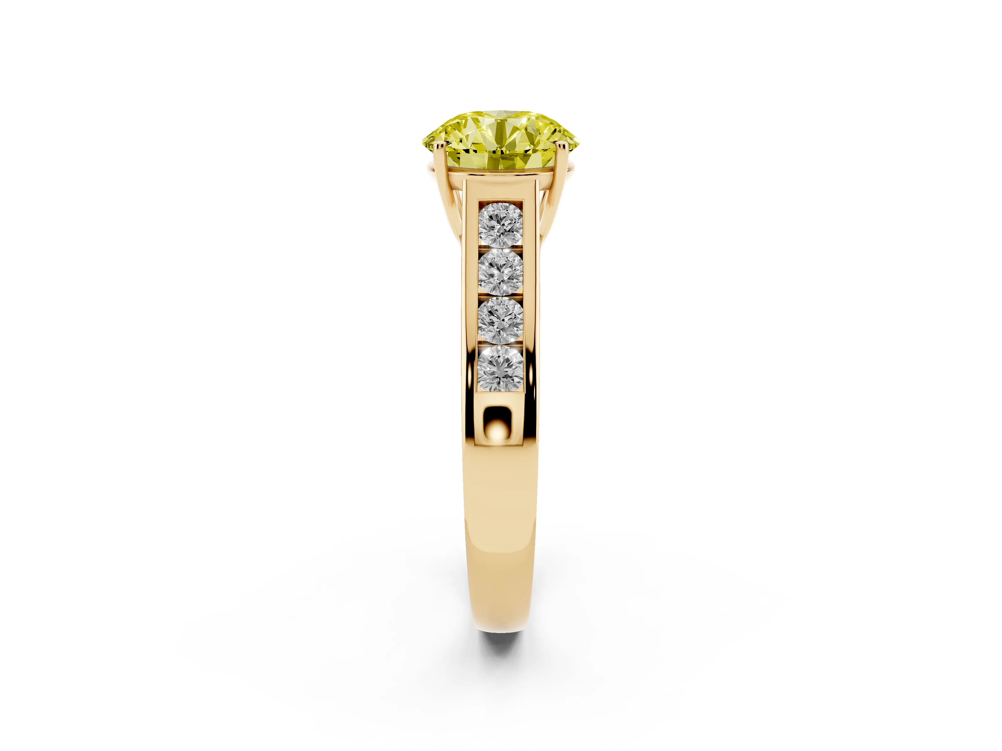 Fancy Yellow Round Cut Diamond Solitaire Channel-Set Engagement Ring Set in Yellow gold with Prong Setting