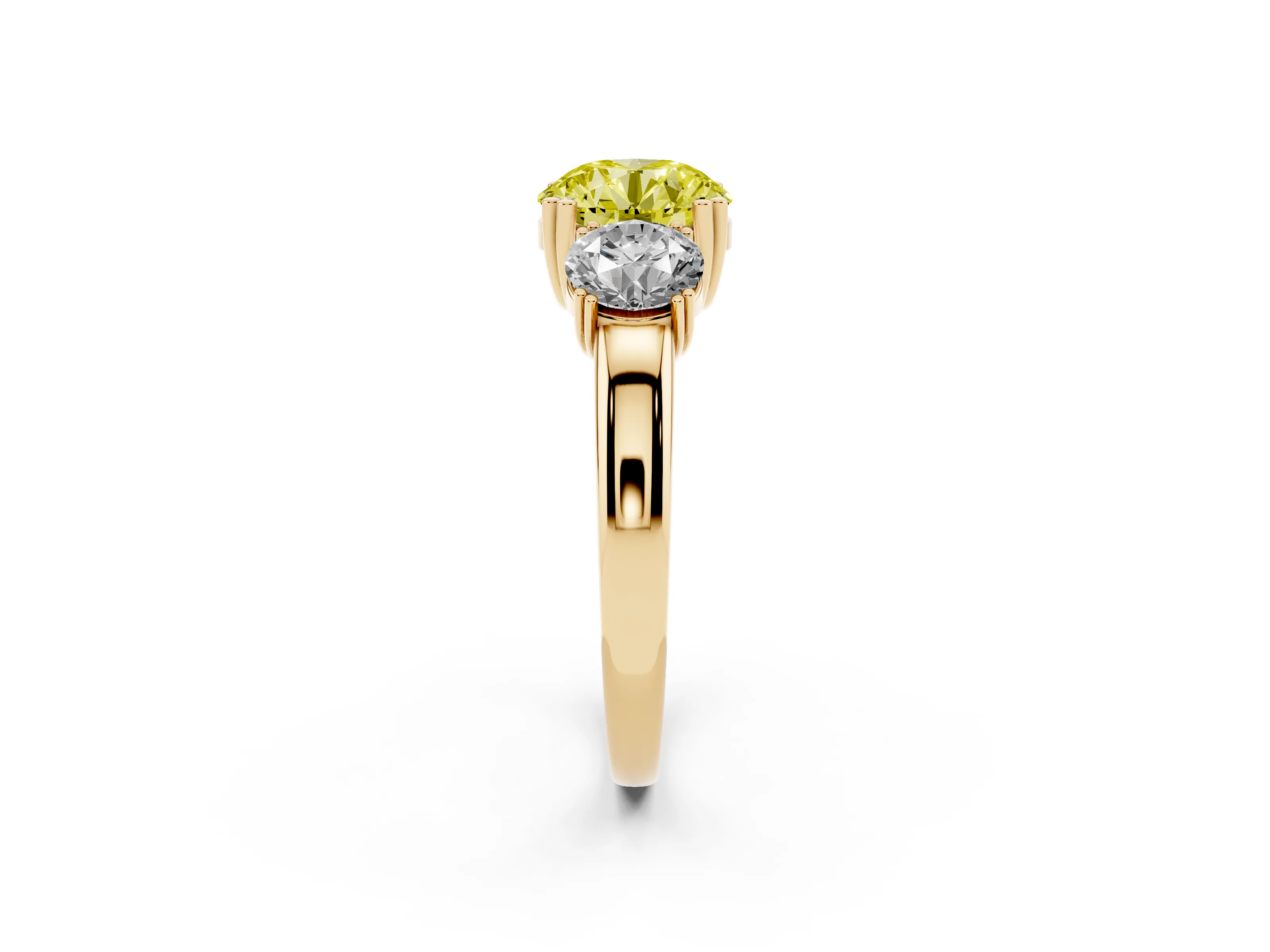 Fancy Yellow Round Cut Diamond Three-Stone Ring Set in Yellow gold with Polished Channel-Set Band