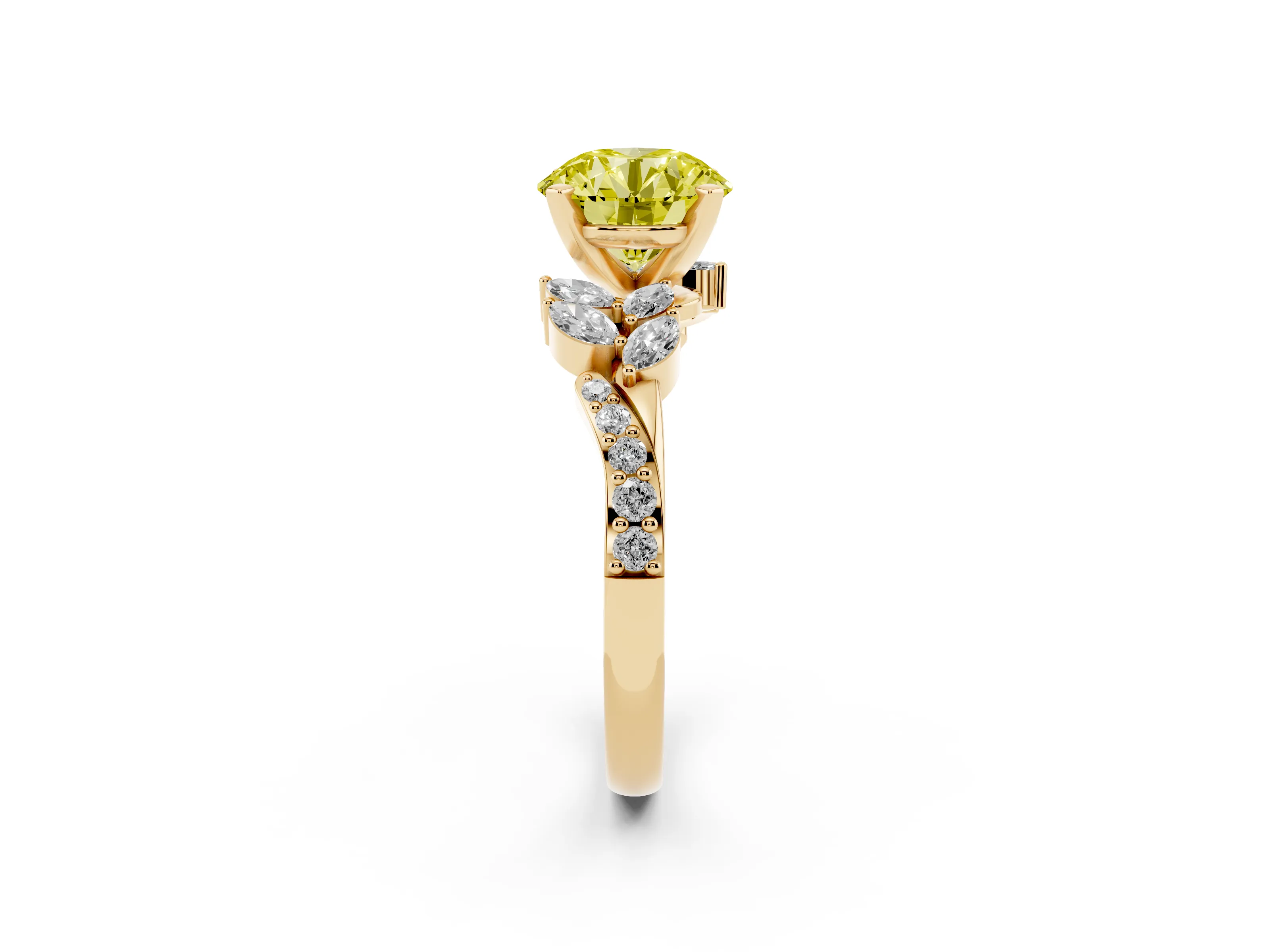 Fancy Yellow Round Cut Diamond Solitaire Ring Set in Yellow gold with Marquise Twist Band and Prong Setting