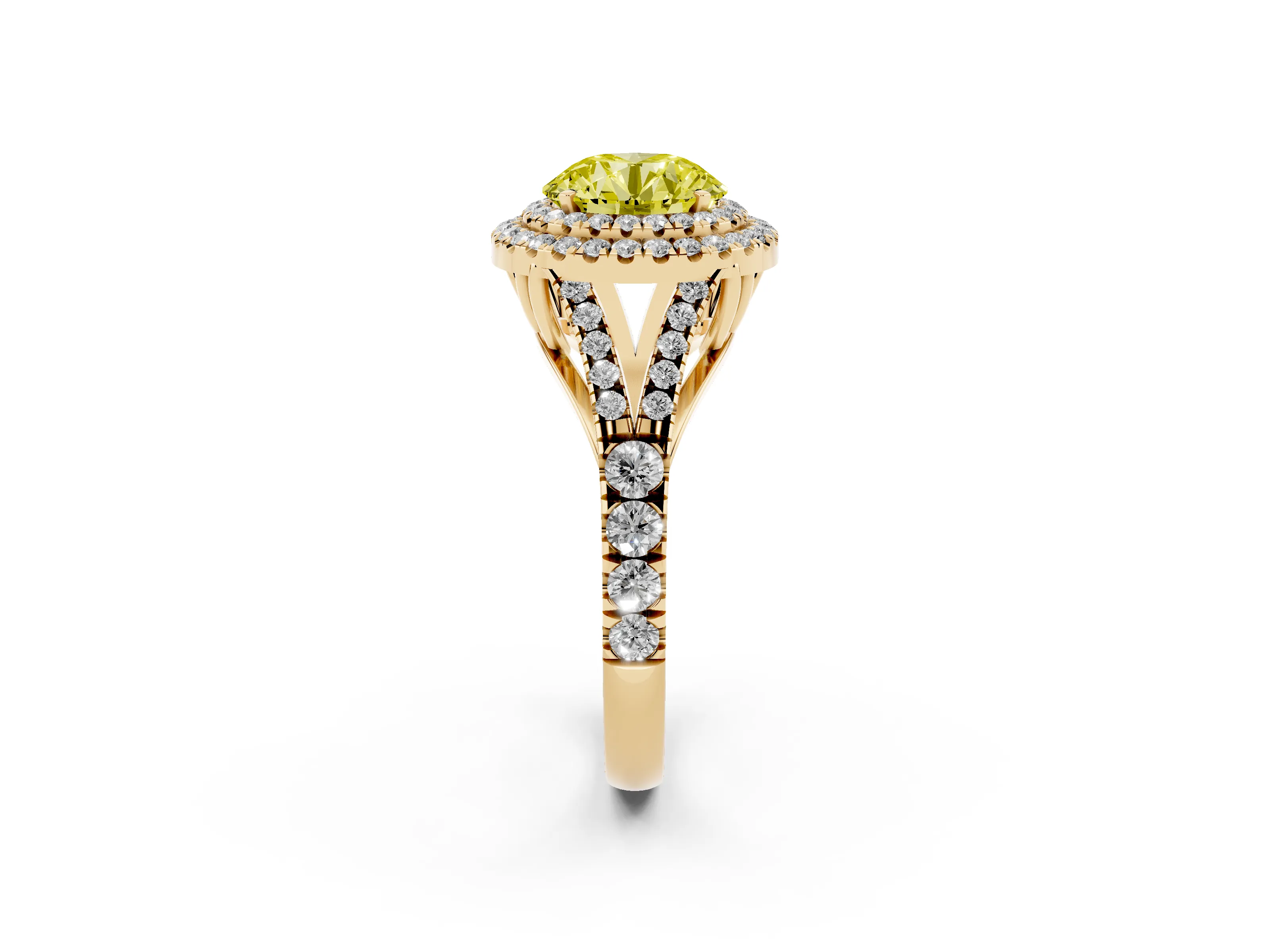 Fancy Yellow Round Cut Diamond Pavé Split Shank Double Halo Engagement Ring Set in Yellow gold