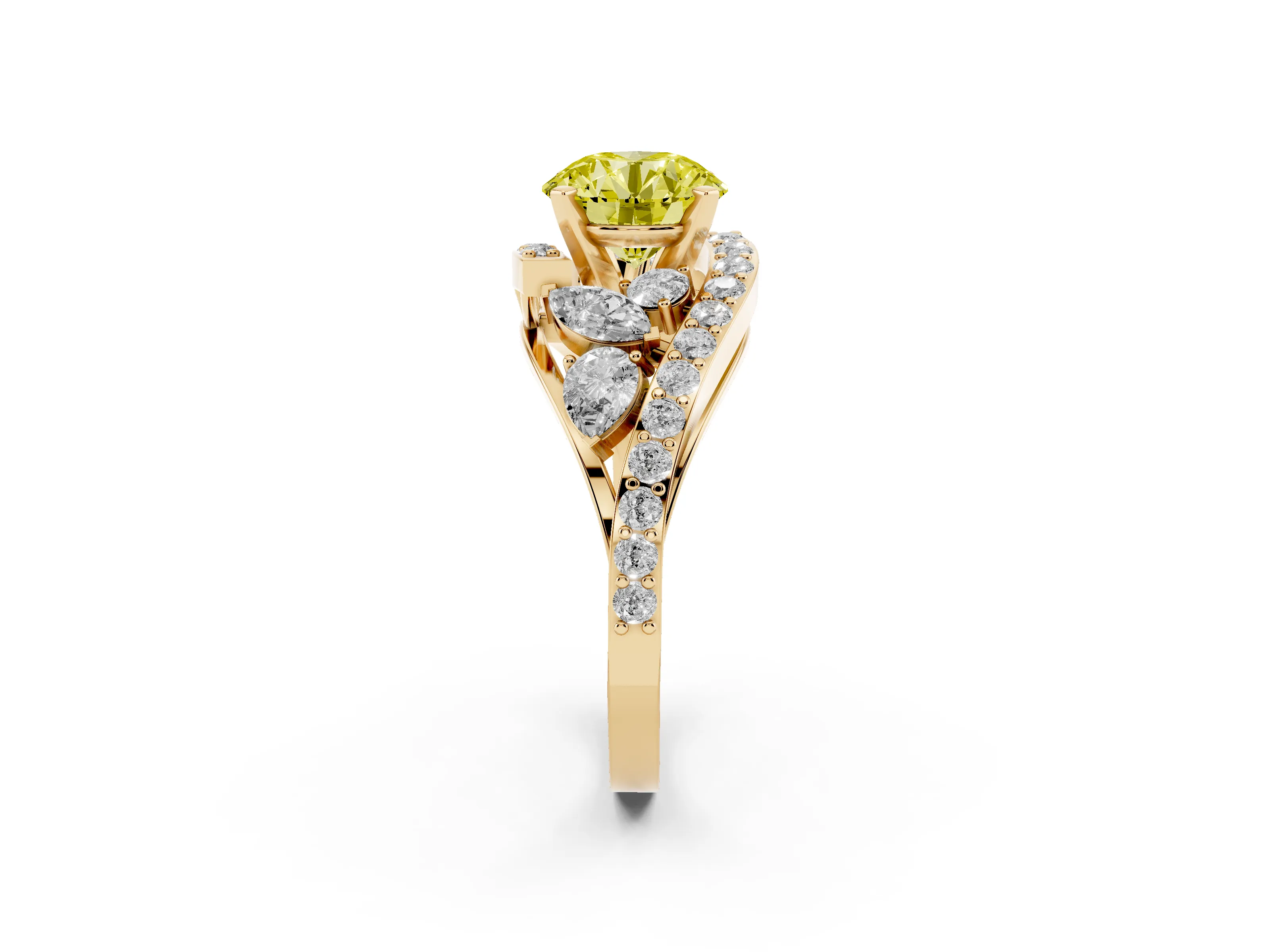 Fancy Yellow Round Cut Diamond Halo Ring Set in Yellow gold with Marquise and Pavé Band in Prong Setting