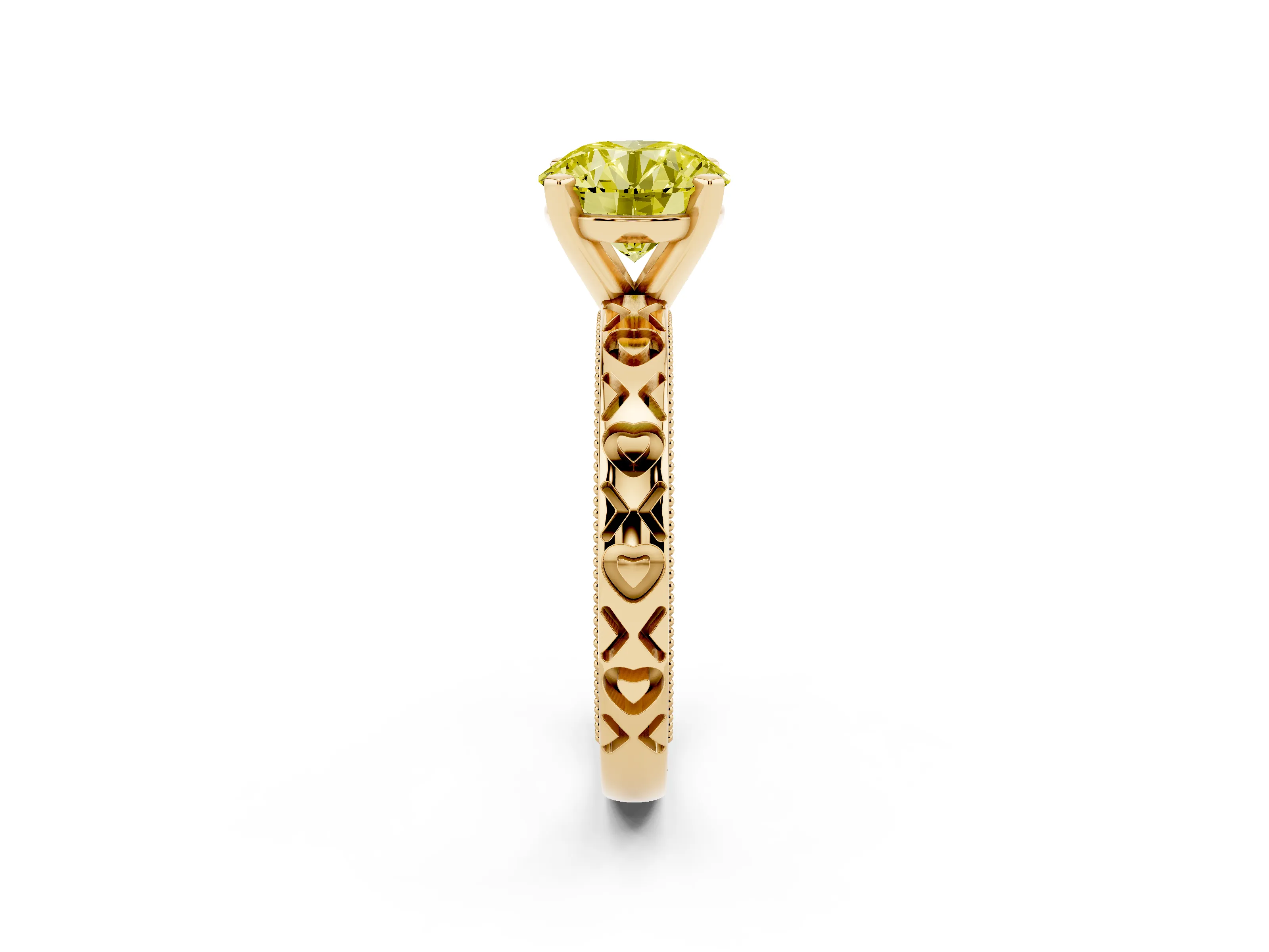 Fancy Yellow Round Cut Diamond Solitaire Engagement Ring Set in Yellow gold with XO Engraved Band and Prong Setting