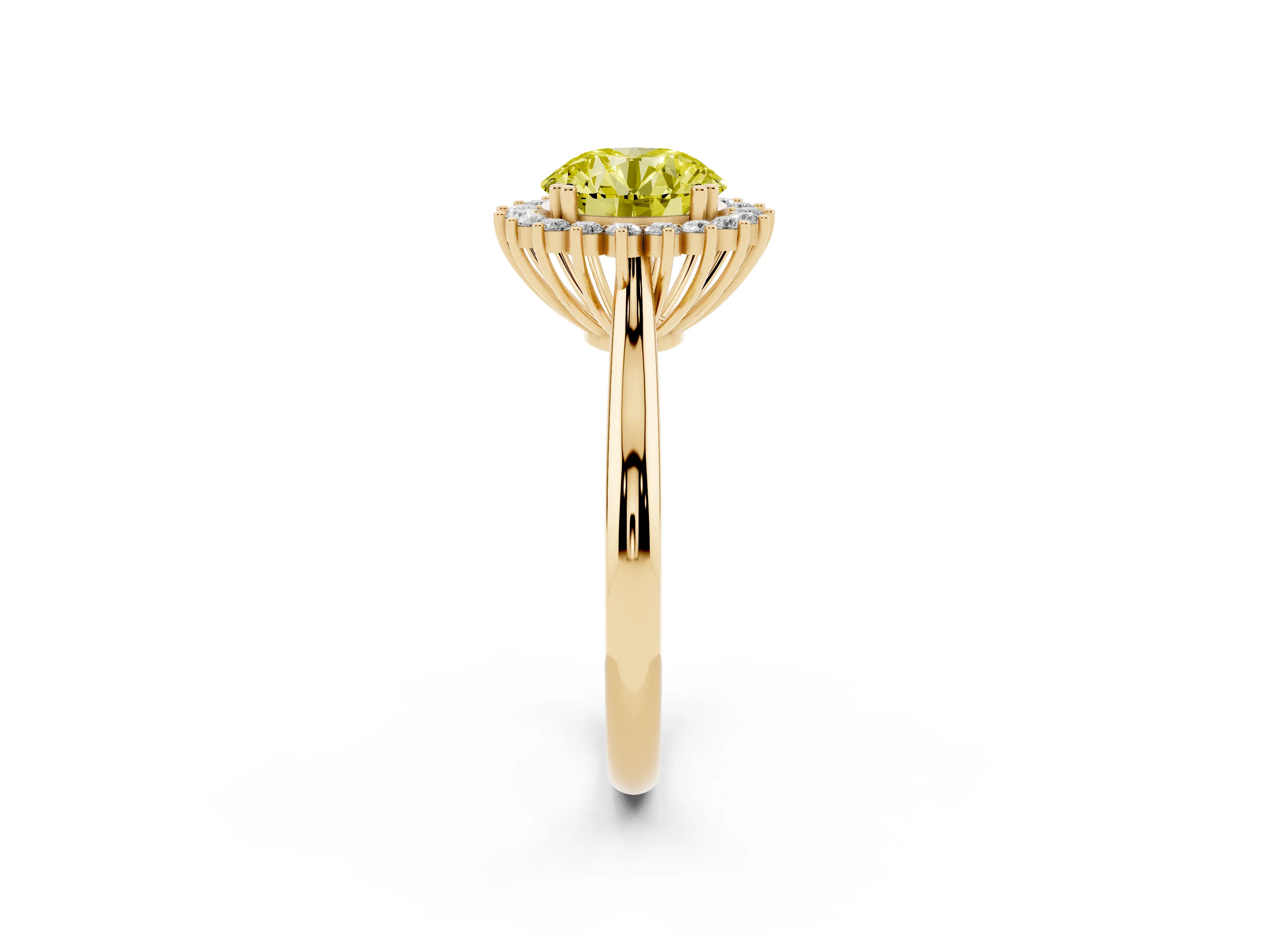 Fancy Yellow Round Cut Diamond Halo Ring Set in Yellow gold with Plain Solitaire Band and Prong Setting