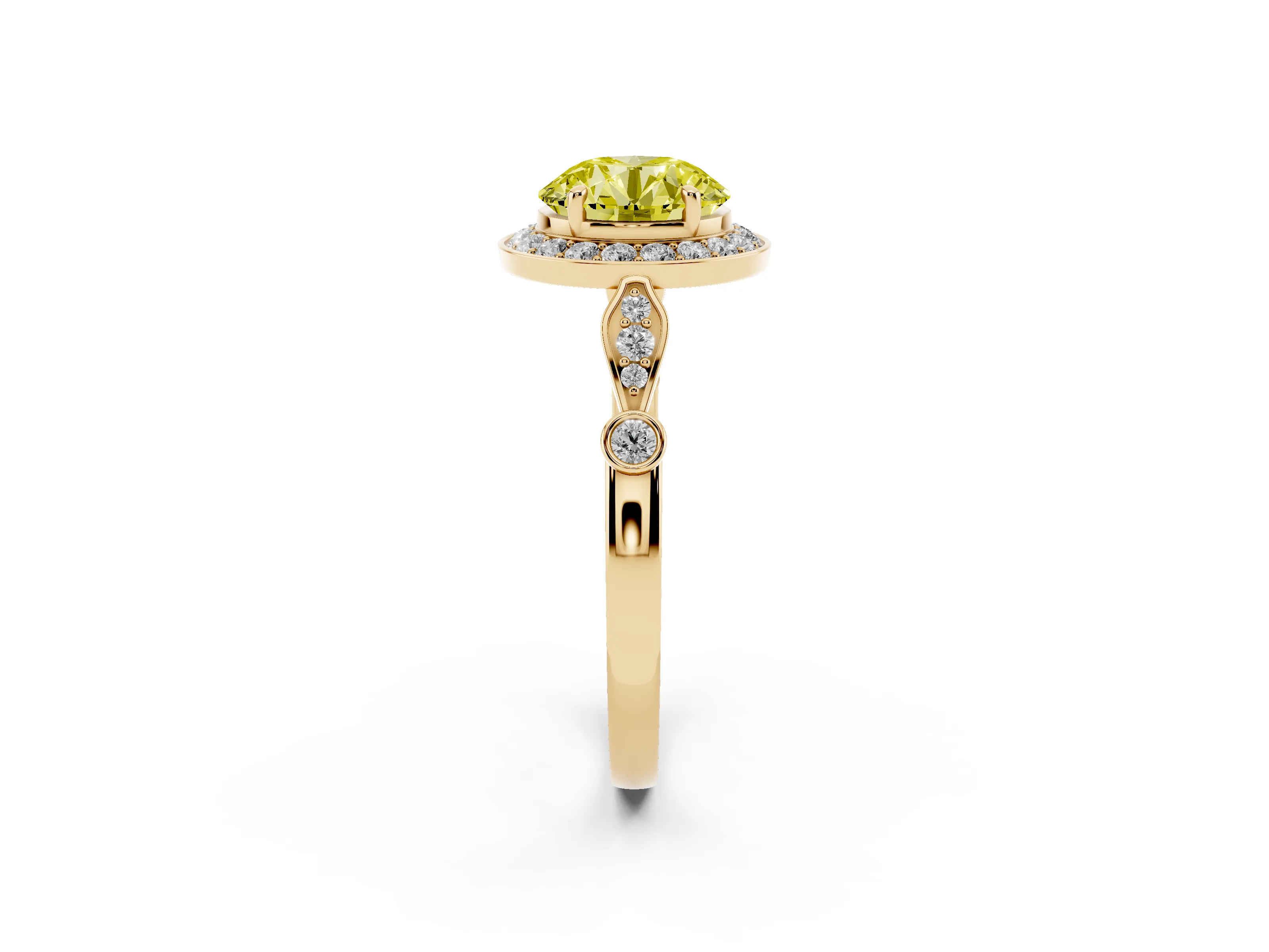 Fancy Yellow Round Cut Diamond Halo Engagement Ring Set in Yellow gold with Twisted Band and Prong Setting