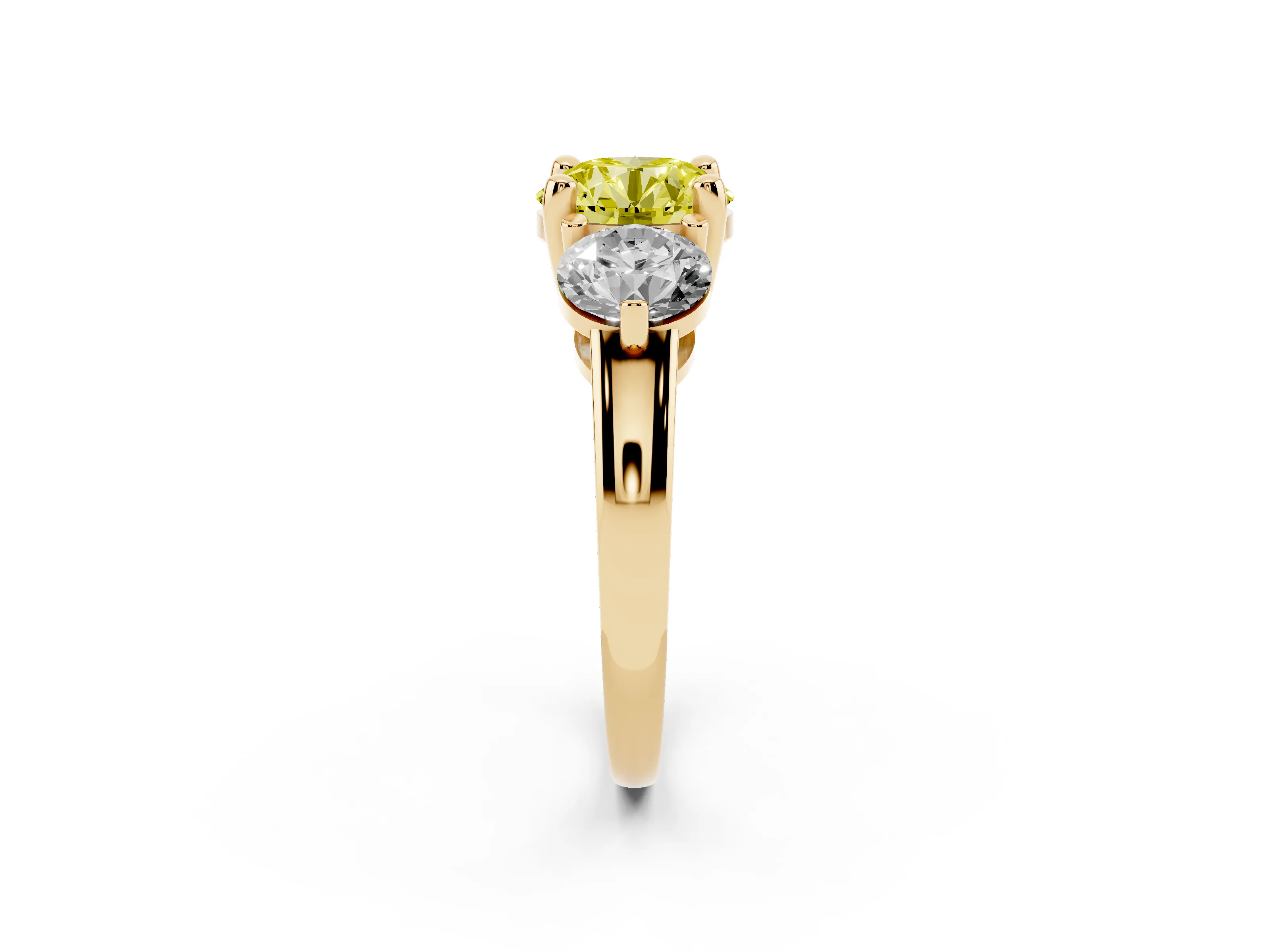 Fancy Yellow Round Cut Diamond Three-Stone Ring Set in Yellow gold with Prong Setting and Classic Band