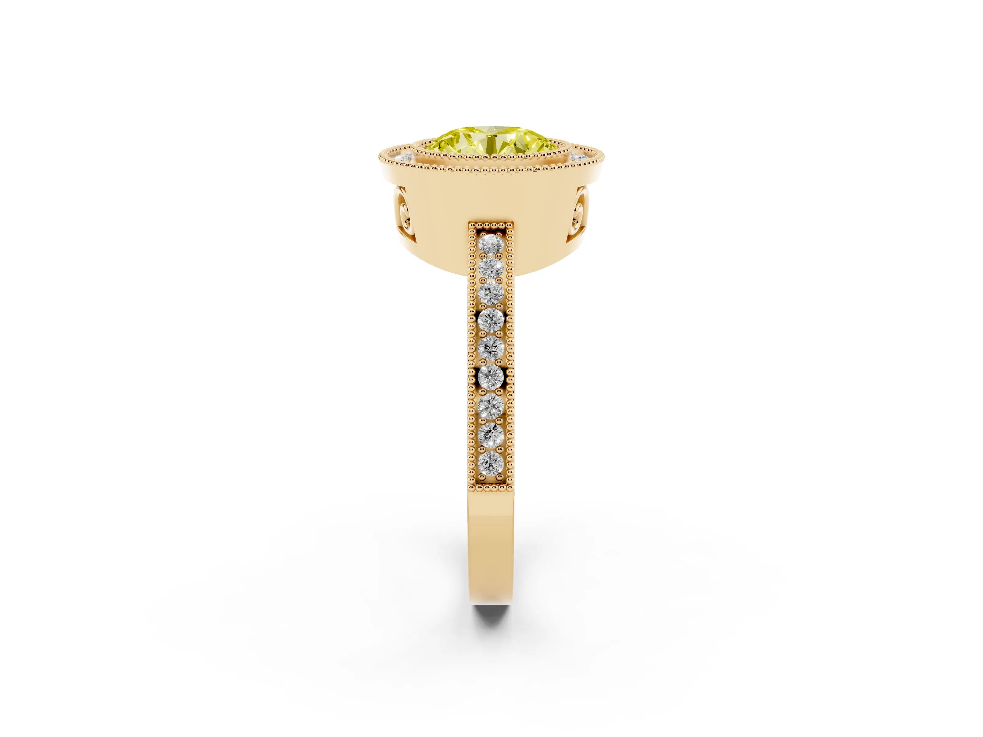 Fancy Yellow Round Cut Diamond Halo Ring Set in Yellow gold with Pavé Band and Milgrain-Edged Prongs