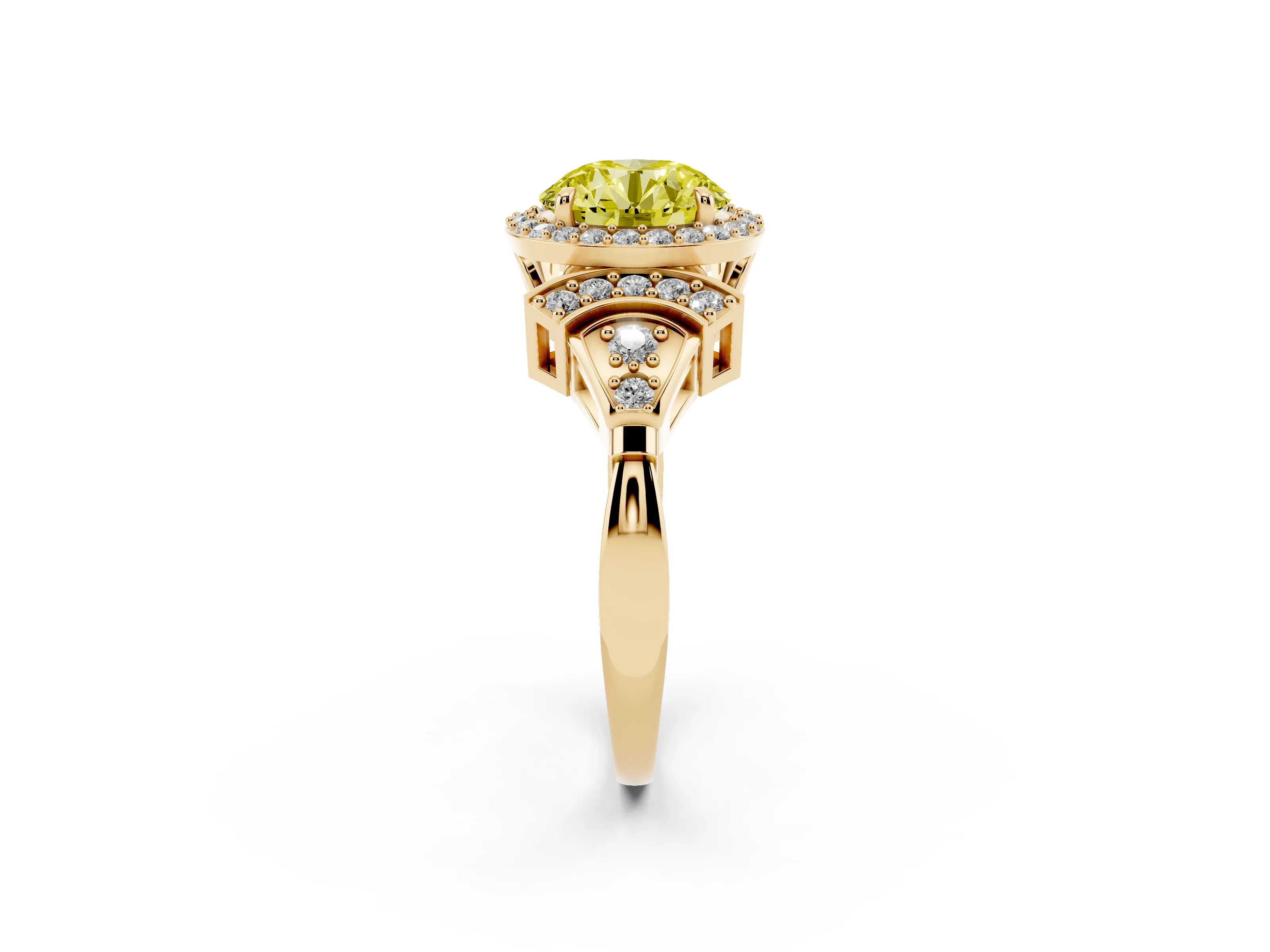 Fancy Yellow Round Cut Diamond Halo Engagement Ring Set in Yellow gold with Accent Stone Split Shank