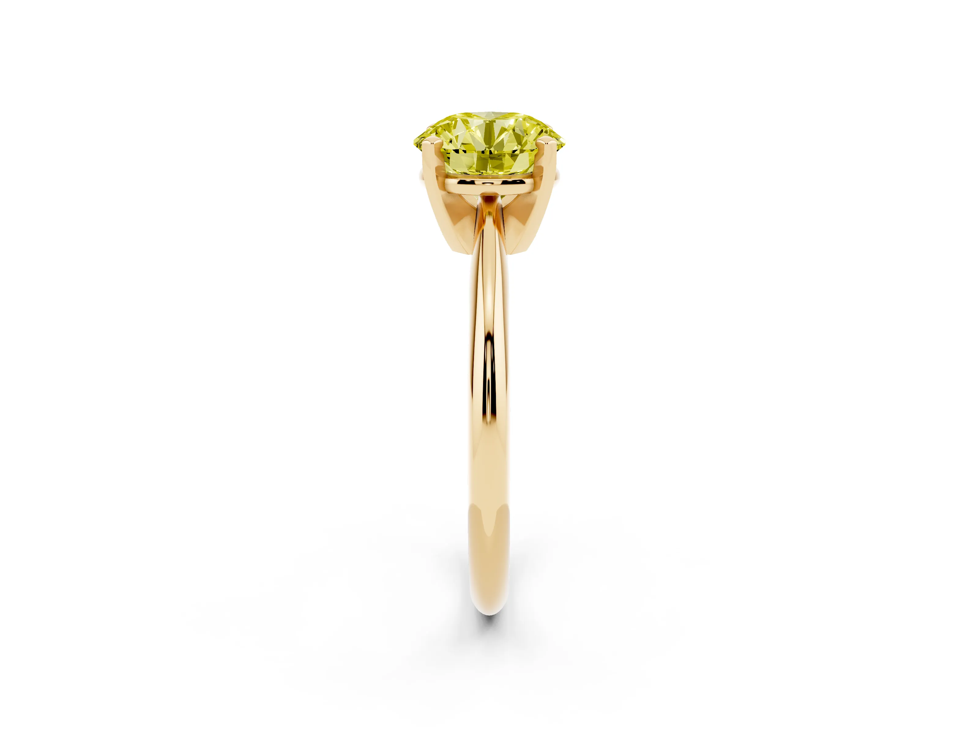 Fancy Yellow Round Cut Diamond Solitaire Ring Set in Yellow gold with Prong Setting on a Plain Round Band