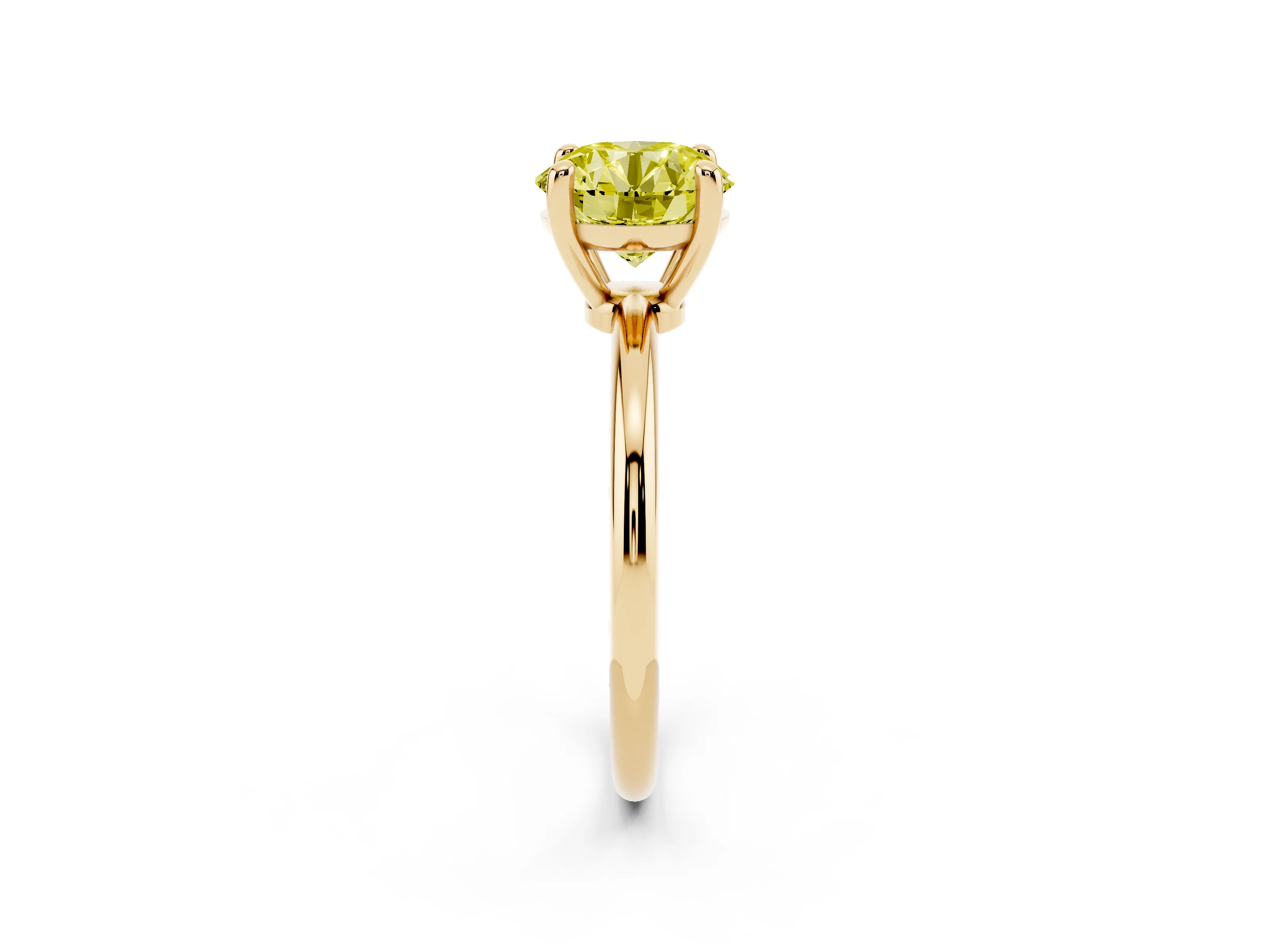 Fancy Yellow Round Cut Diamond Solitaire Ring Set in Yellow gold with Secure Prong Setting on a Classic Band