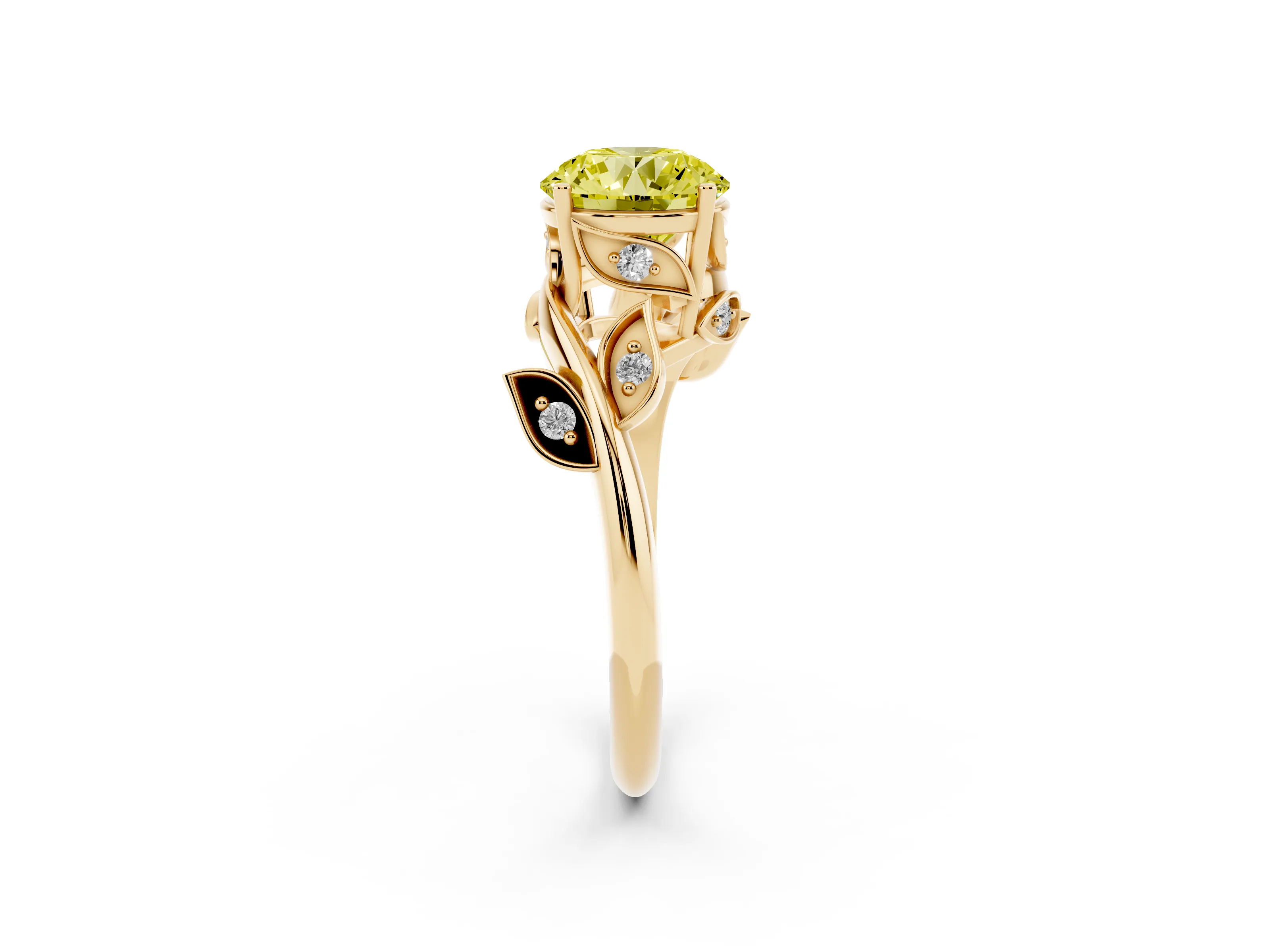 Fancy Yellow Round Cut Diamond Solitaire Twist Engagement Ring Set in Yellow gold with Pavé Leaf Accents