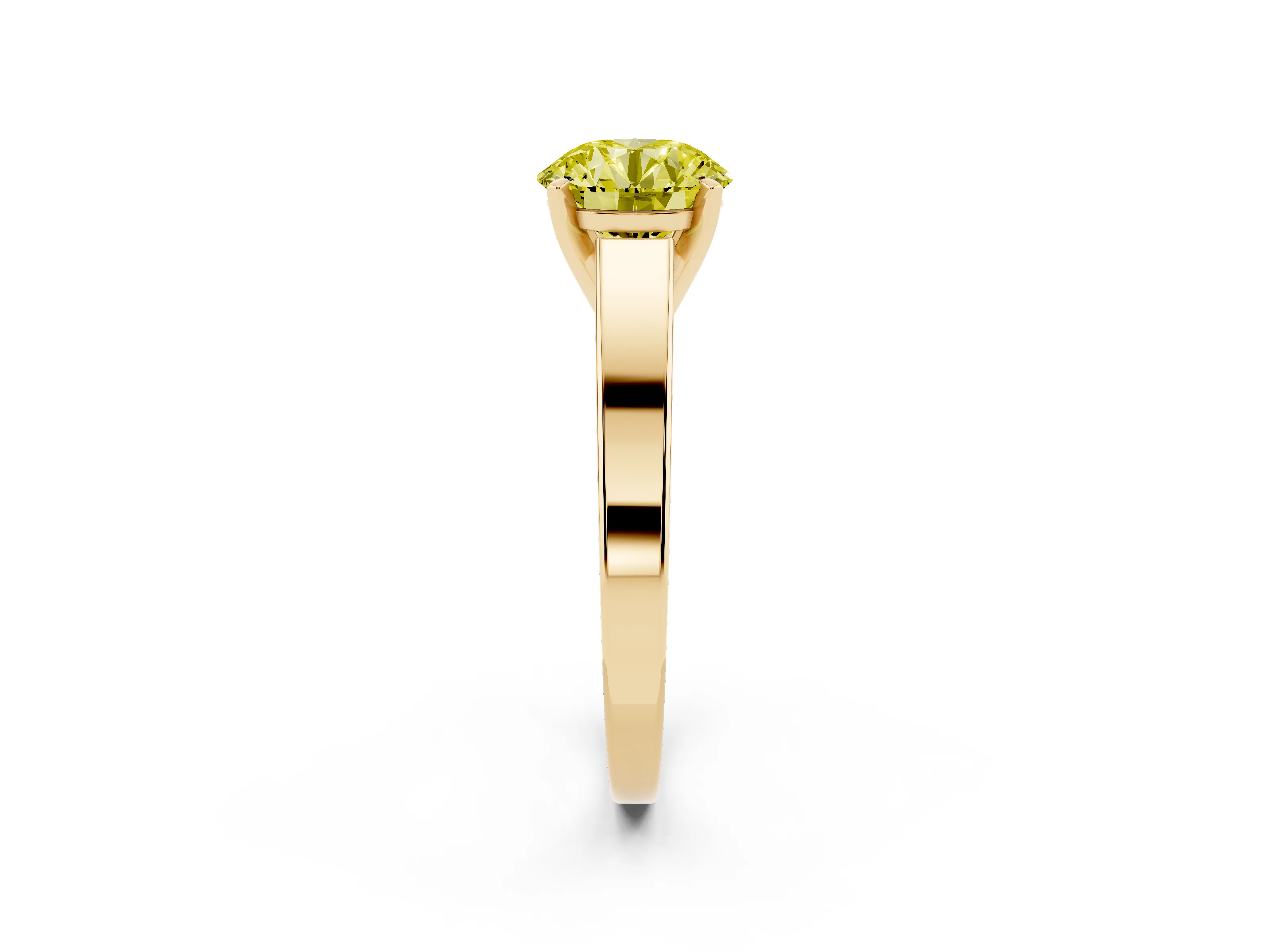 Fancy Yellow Round Cut Diamond Solitaire Engagement Ring Set in Yellow gold with Prong Setting and Tapered Band