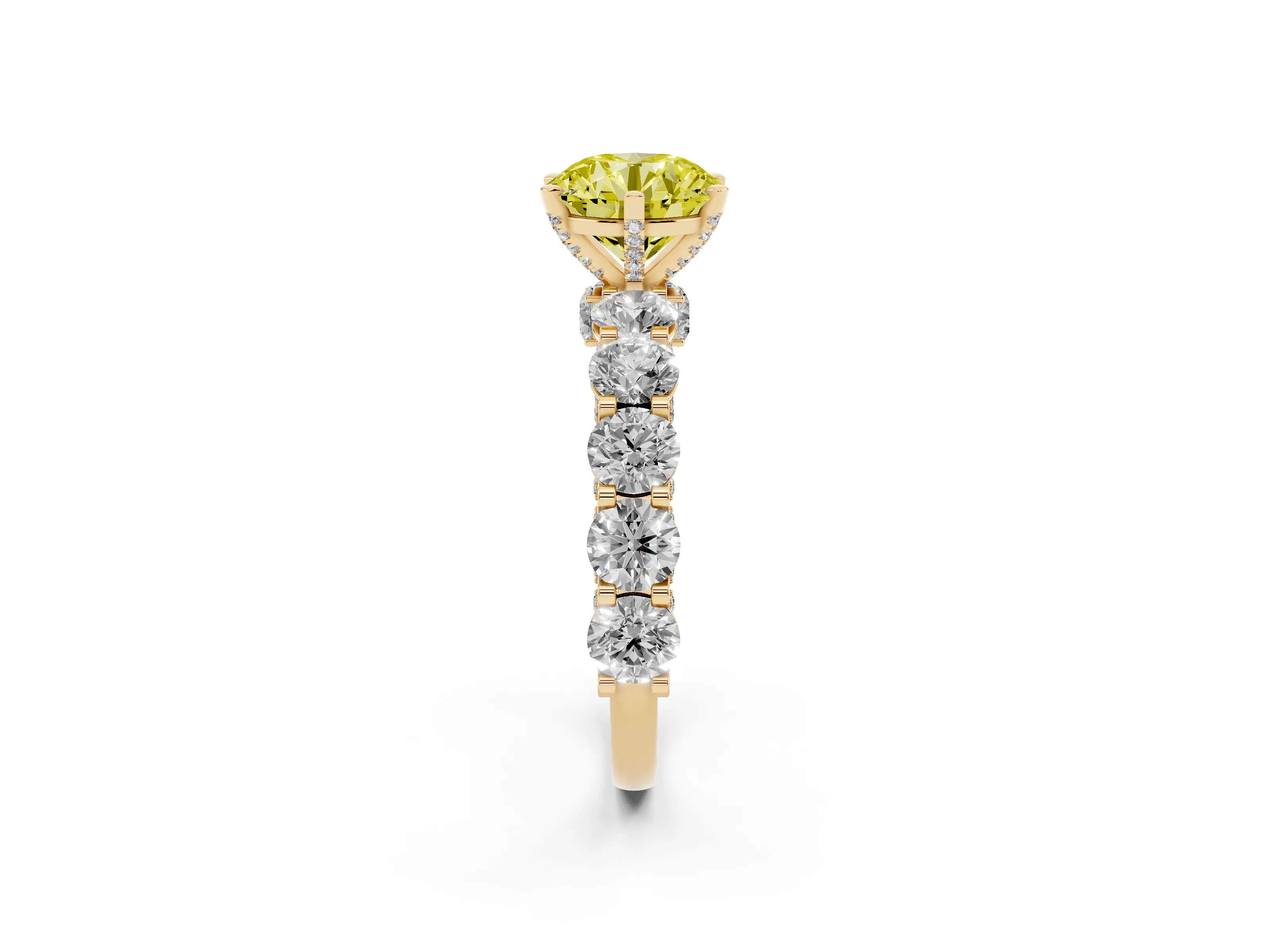 Fancy Yellow Round Cut Diamond Side Stone Ring Set in Yellow gold with Alternating Round and Oval Side Stones