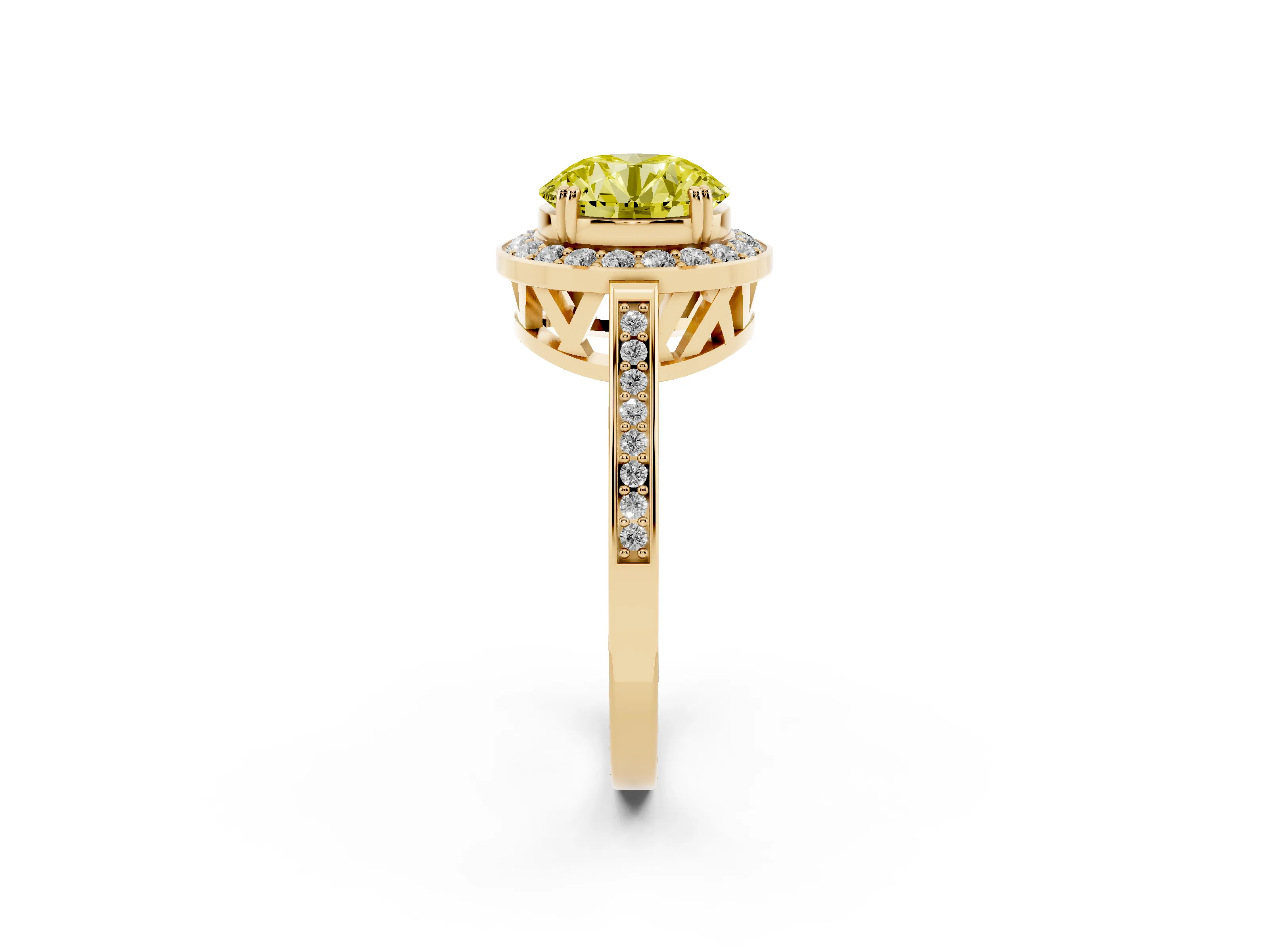 Fancy Yellow Round Cut Diamond Halo Ring Set in Yellow gold with Accent-Lined Split Shank and Prong Setting