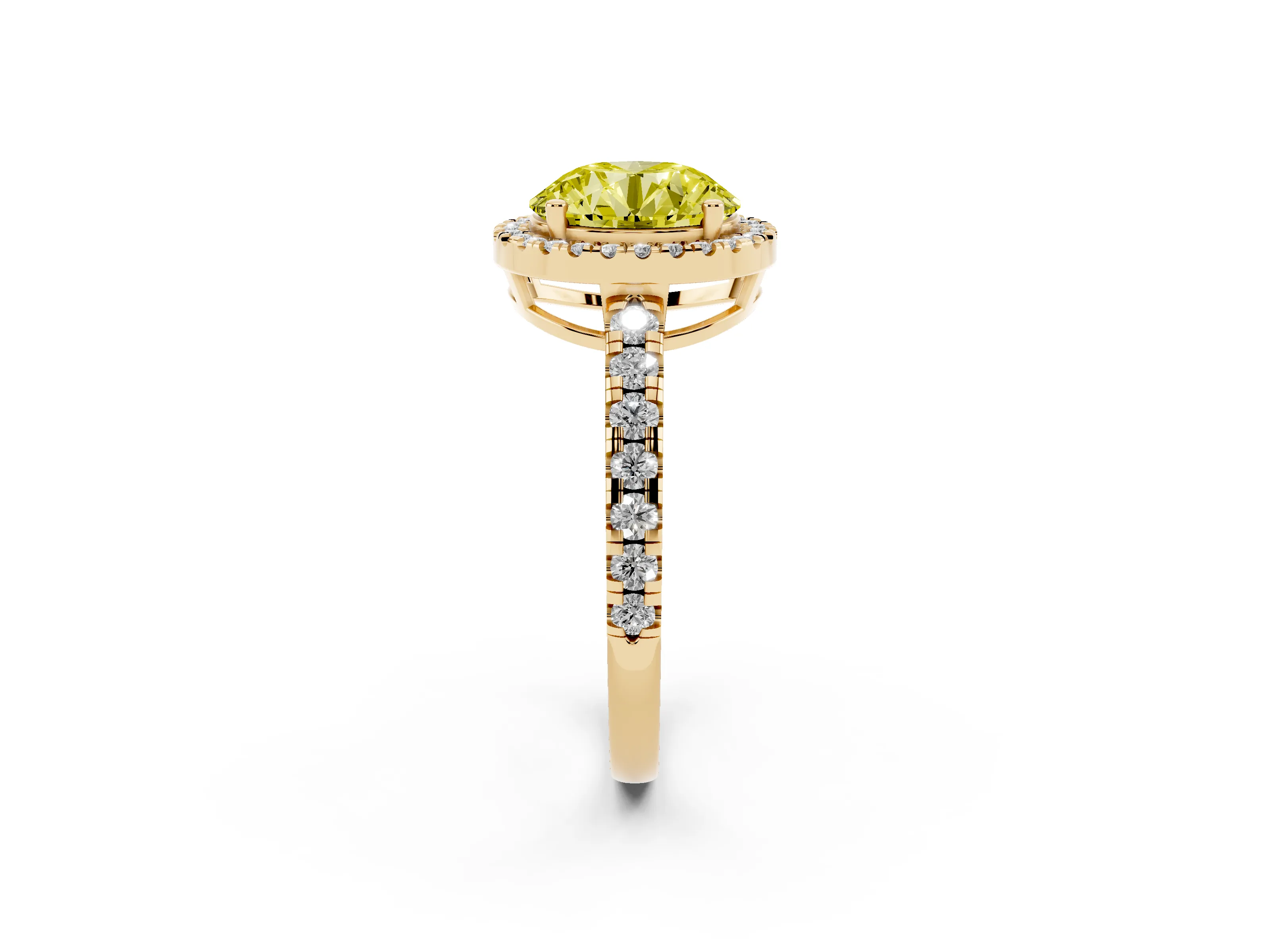 Fancy Yellow Round Cut Diamond Halo Ring Set in Yellow gold with Delicate Pavé Band and Prong Setting