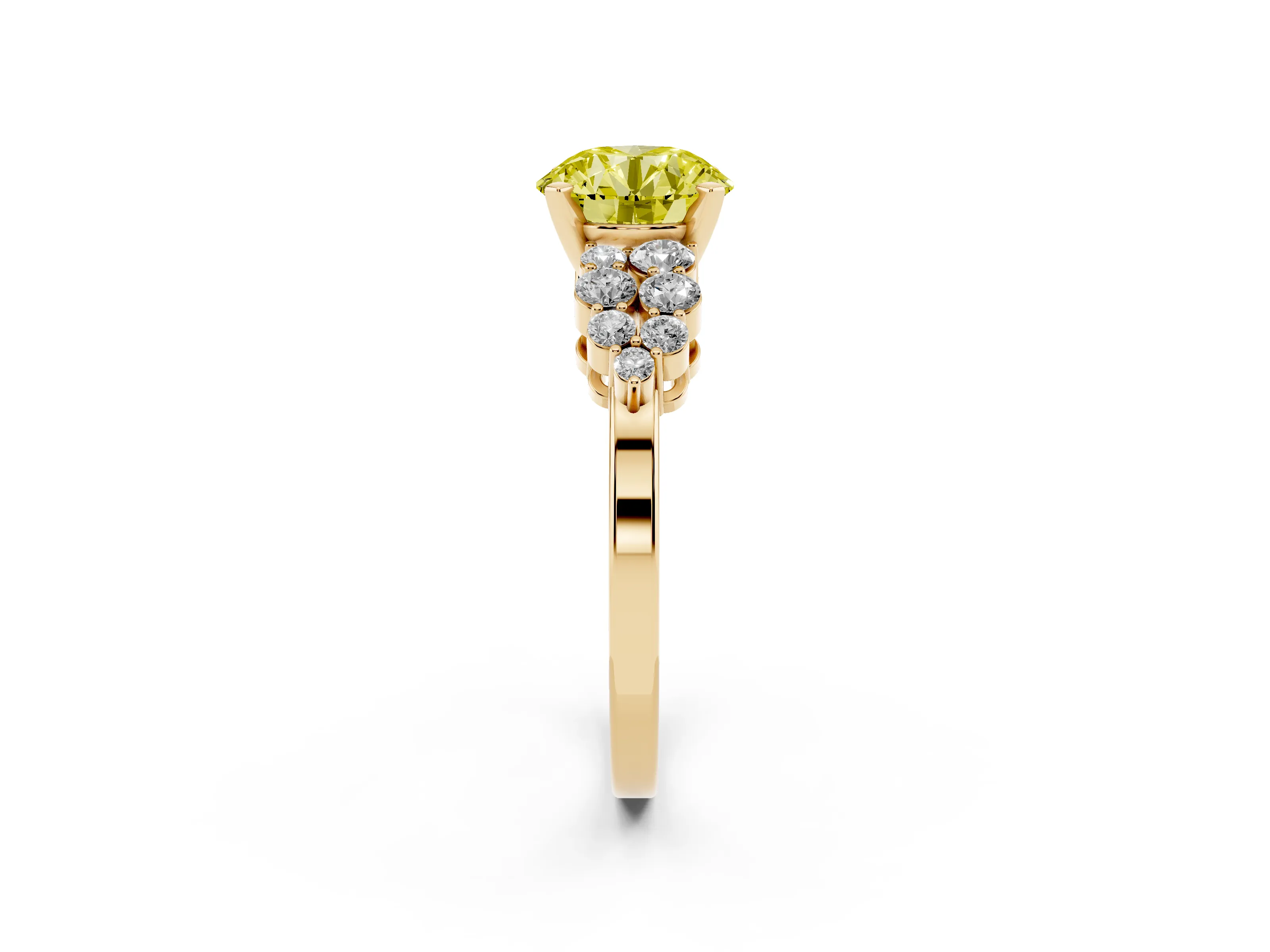 Fancy Yellow Round Cut Diamond Cluster Engagement Ring Set in Yellow gold with Pavé Band and Prong Setting