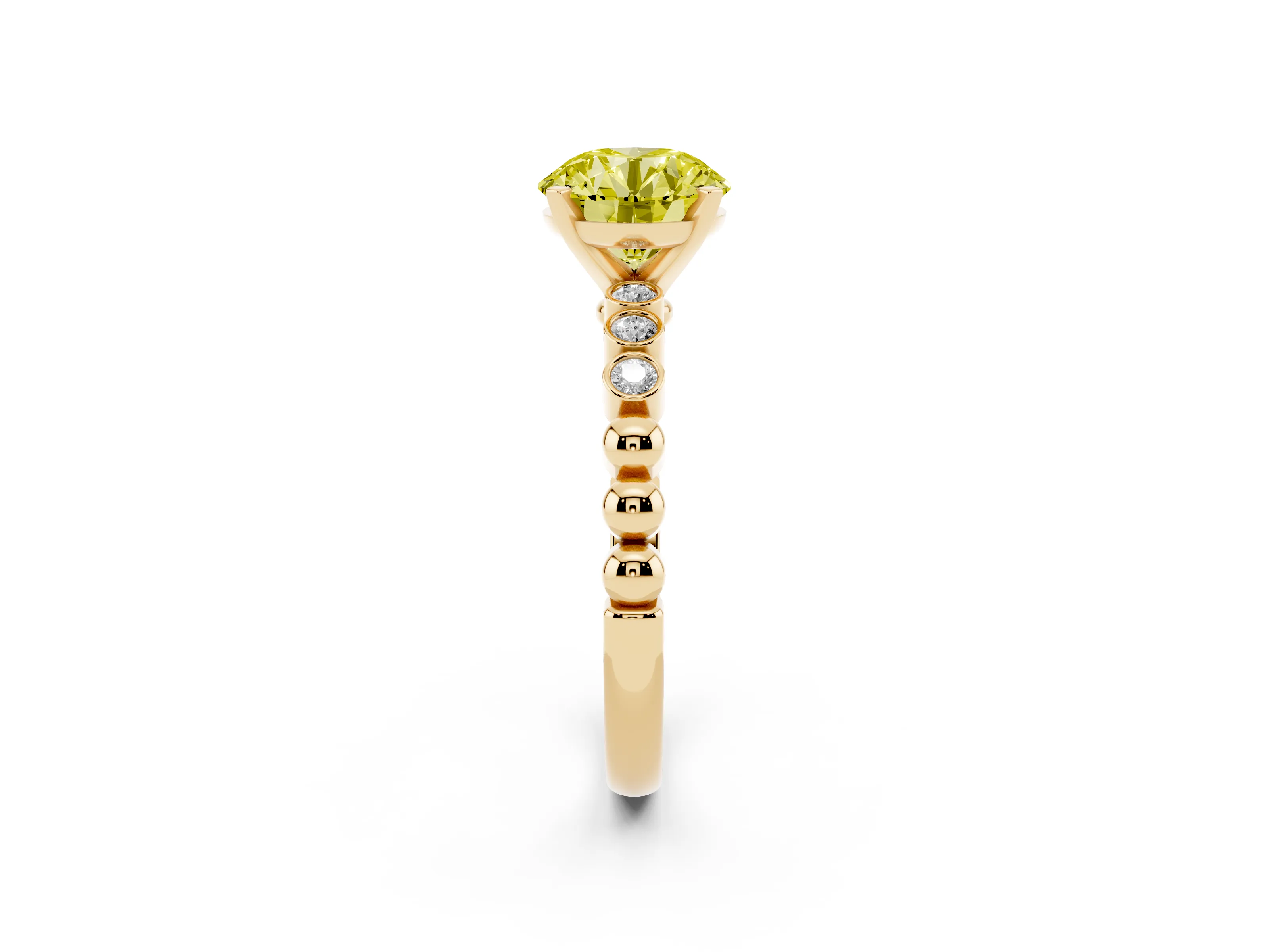 Fancy Yellow Round Cut Diamond Solitaire Engagement Ring Set in Yellow gold with Bezel Accents on Beaded Band