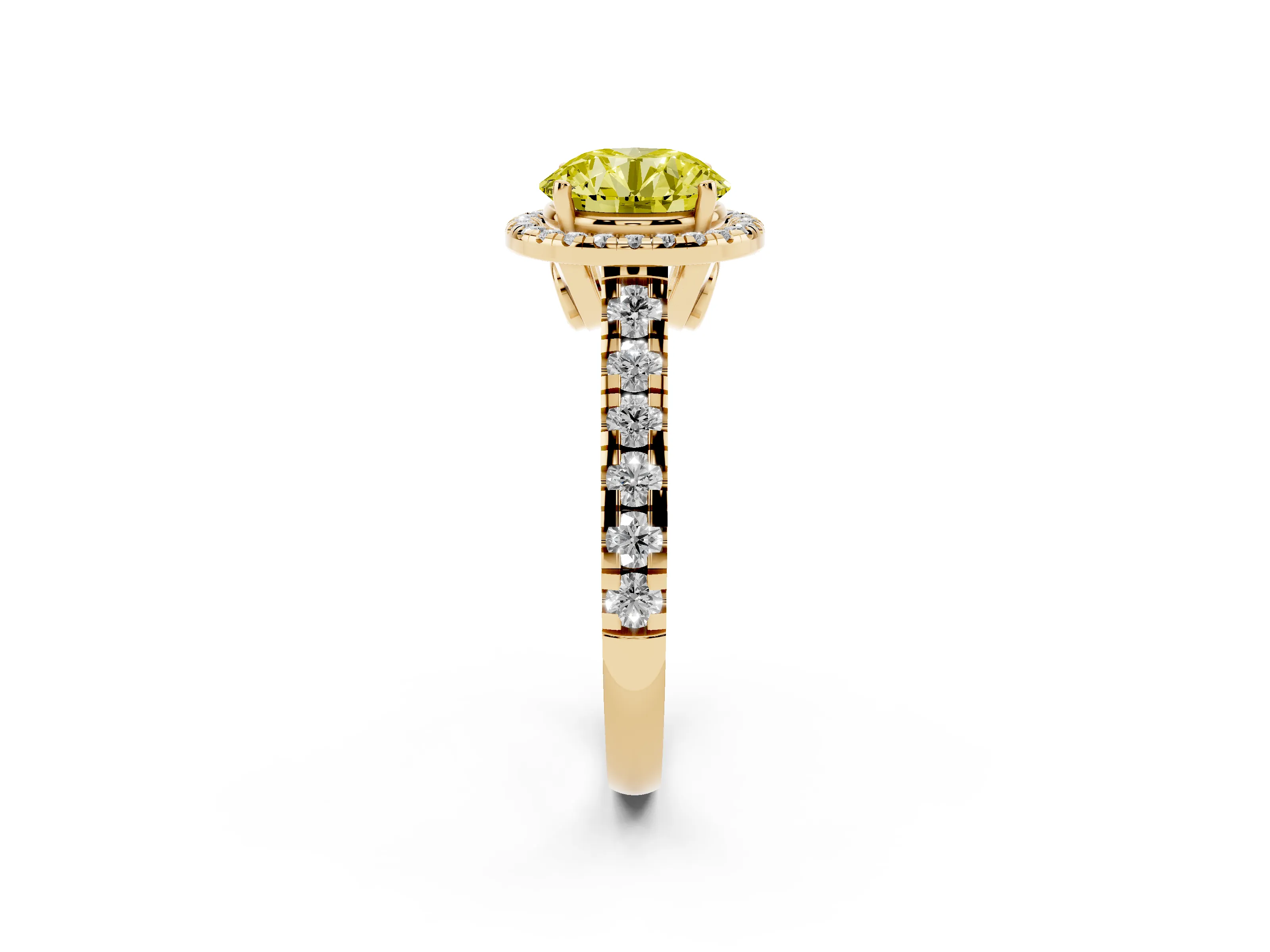 Fancy Yellow Round Cut Diamond Halo Engagement Ring Set in Yellow gold with Pavé Band and Prong-Set Center