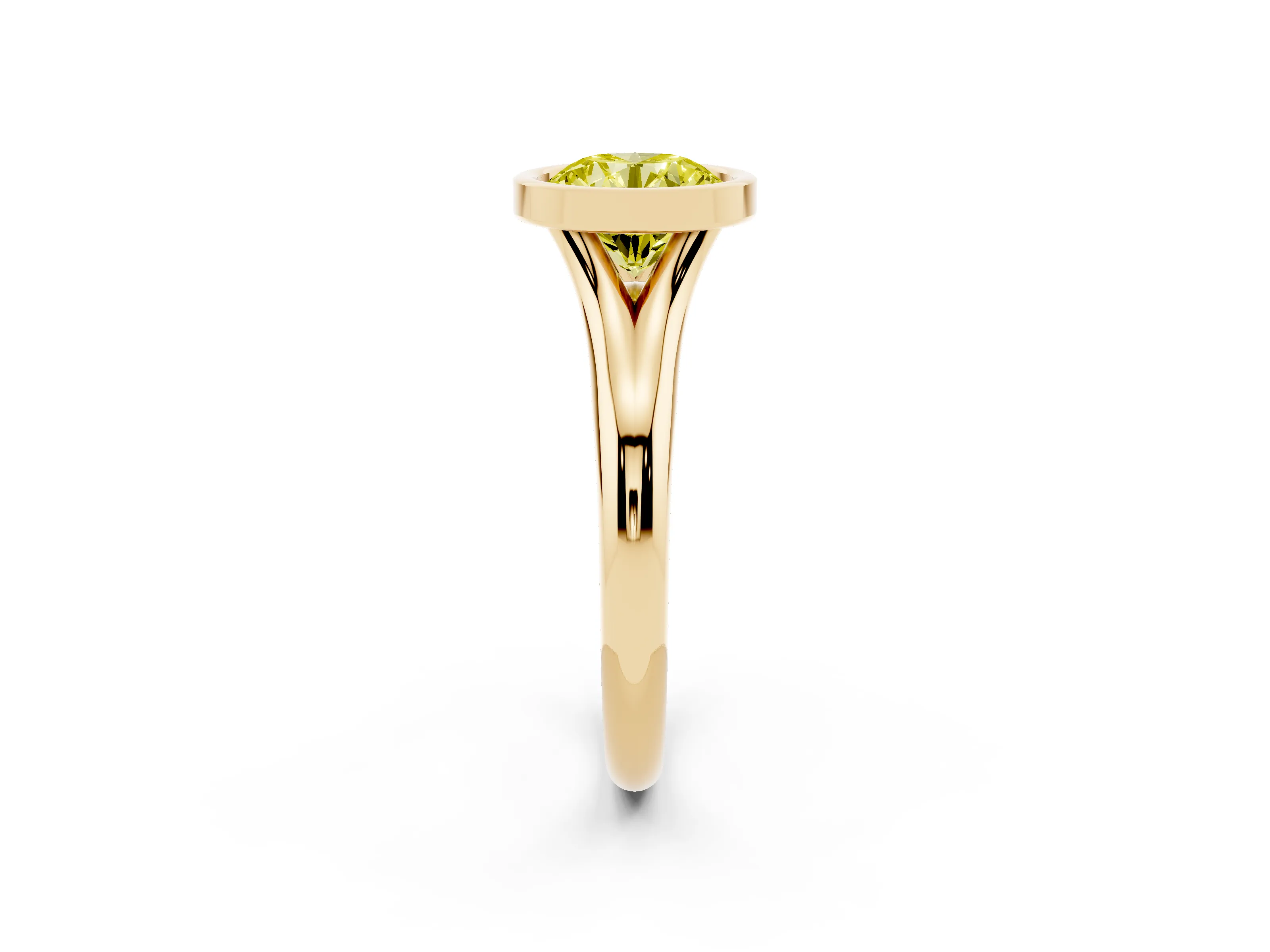 Fancy Yellow Bezel Set Round Cut Diamond Solitaire Ring Set in Yellow gold with Smooth Band
