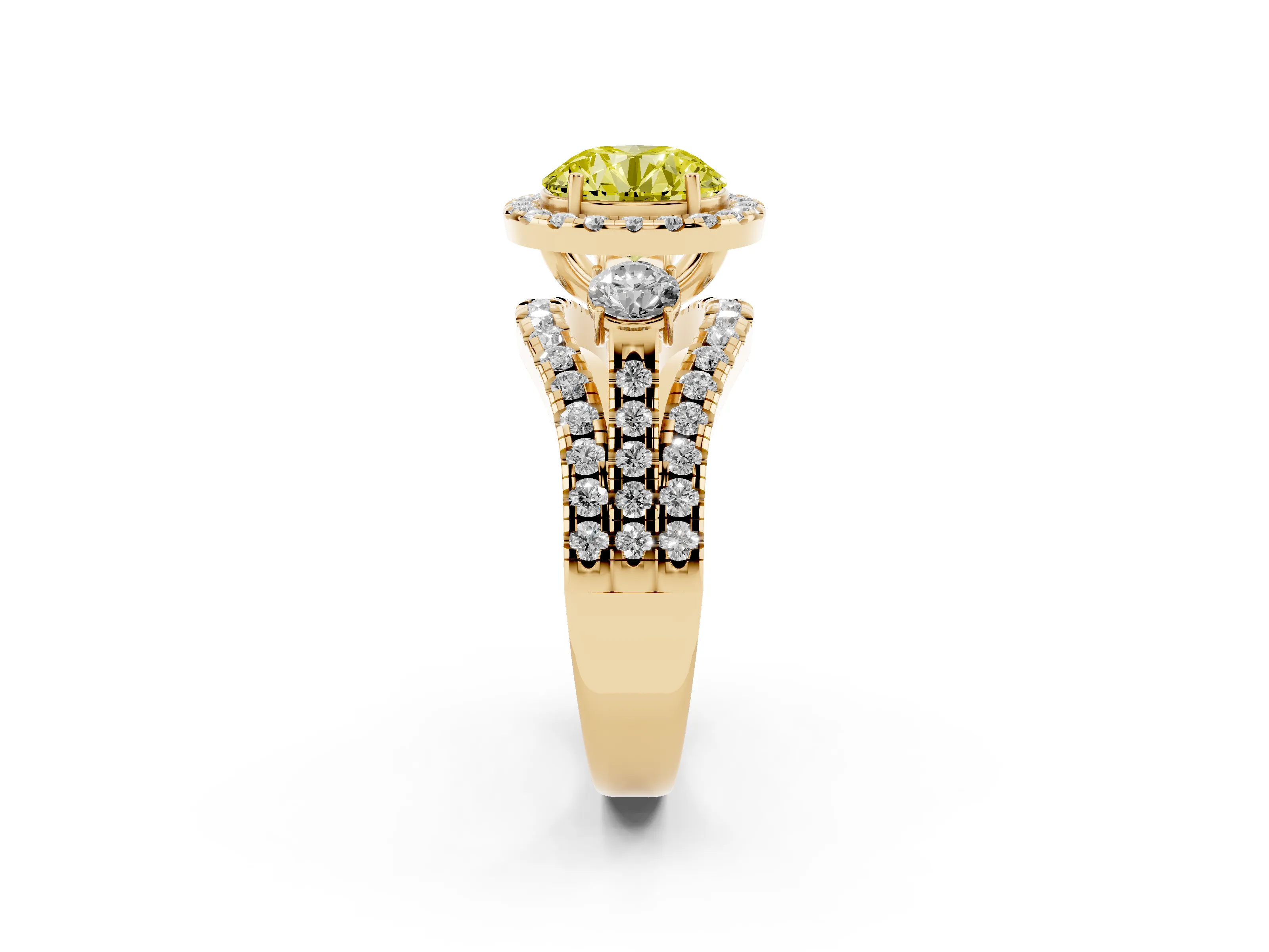 Fancy Yellow Round Cut Diamond Halo Split Shank Ring Set in Yellow gold with Round Accent Stones and Prong Setting