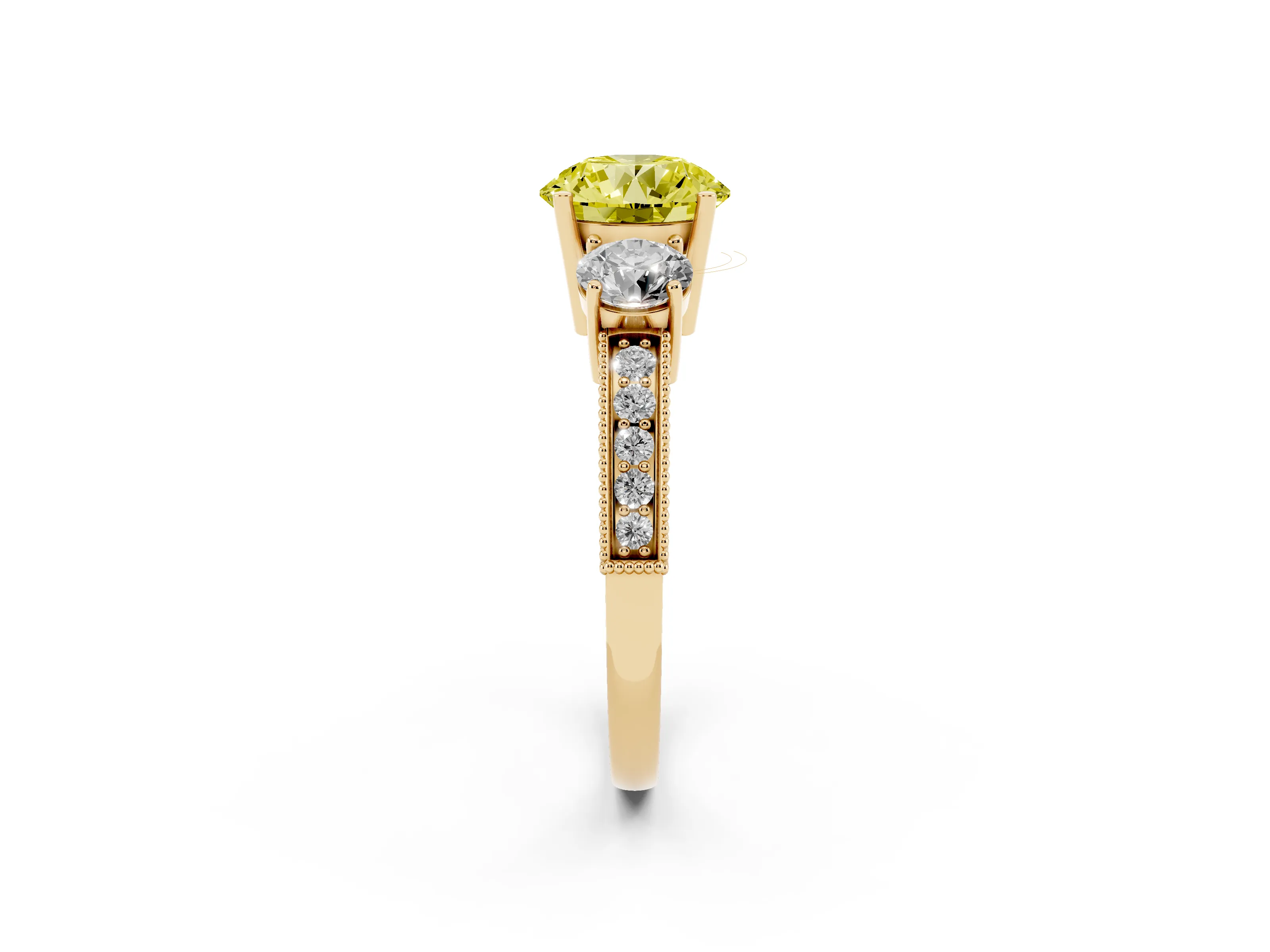 Fancy Yellow Round Cut Diamond Three-Stone Ring Set in Yellow gold with Round Side Stones and Pavé Band