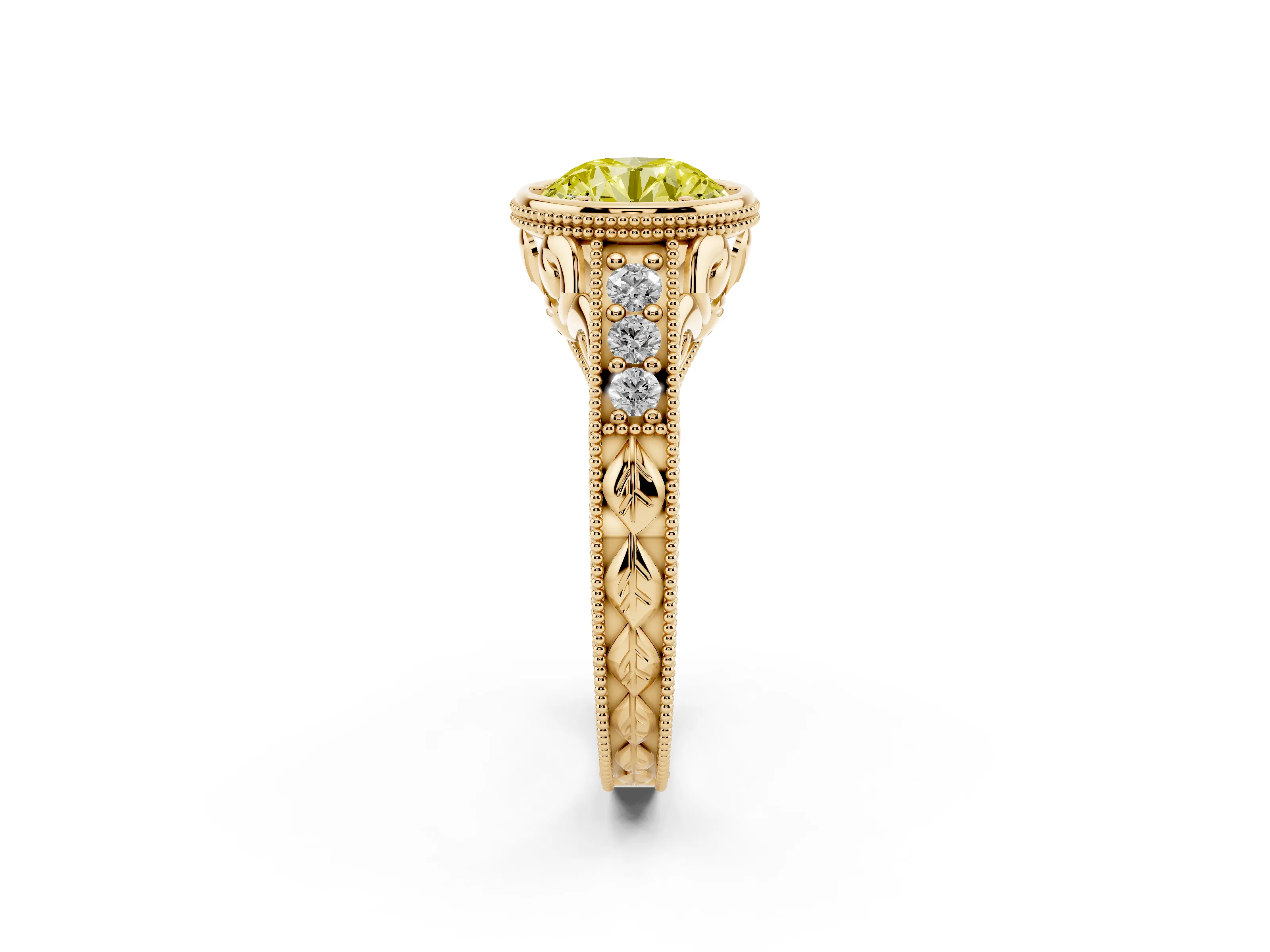 Fancy Yellow Bezel Set Round Cut Diamond Milgrain Pavé Engagement Ring Set in Yellow gold