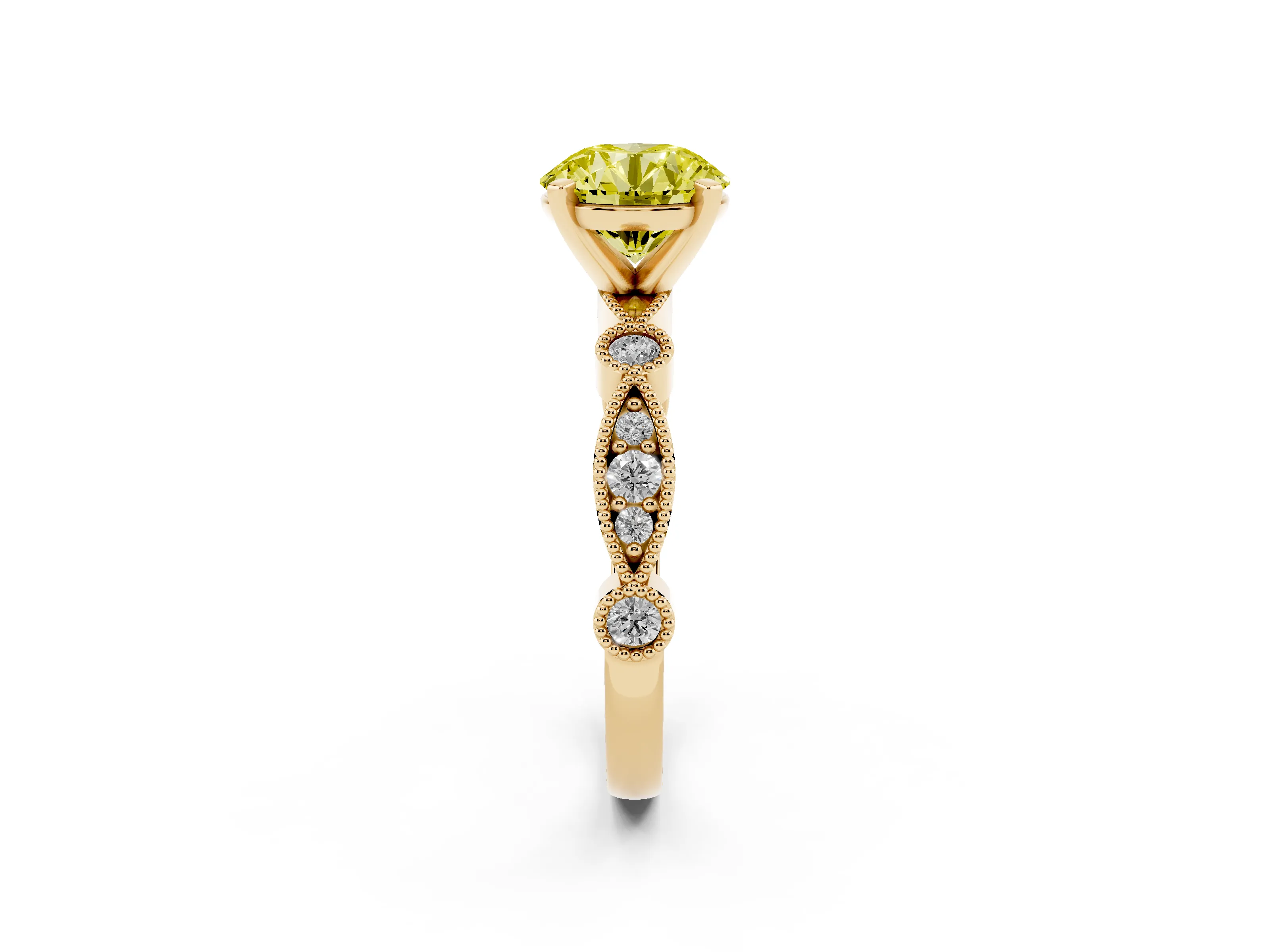 Fancy Yellow Round Cut Diamond Solitaire Engagement Ring Set in Yellow gold with Milgrain Bezel Accent Band