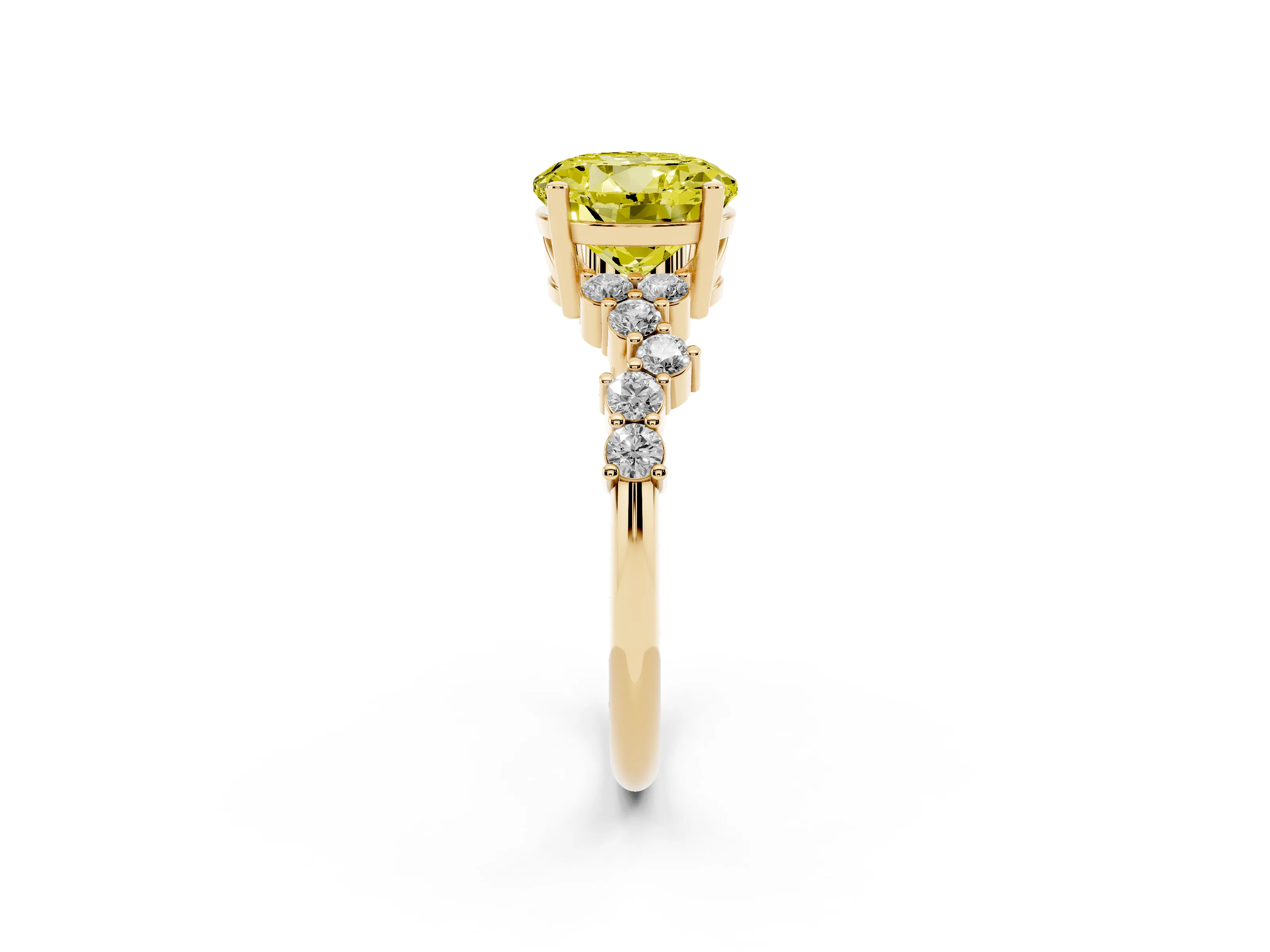Fancy Yellow Round Cut Diamond Ring Set in Yellow gold with Scattered Round Accents